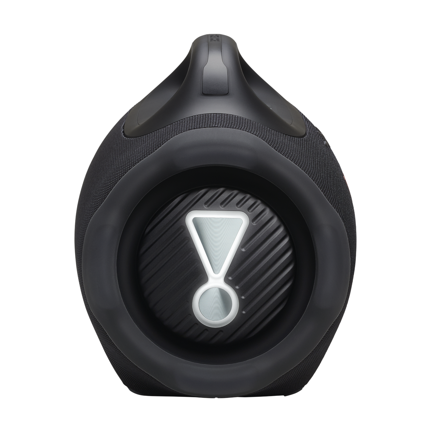 A black JBL Boombox speaker, with a handle on top and a central logo. The speaker has a circular design and is set against a black backdrop.