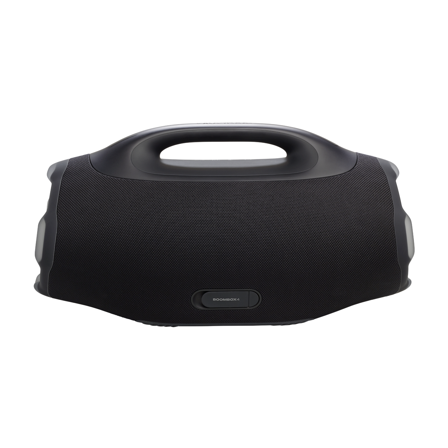 A black Boombox4 speaker with a handle is centered on a black background. The speaker has a mesh texture and a button labeled "Boombox4."