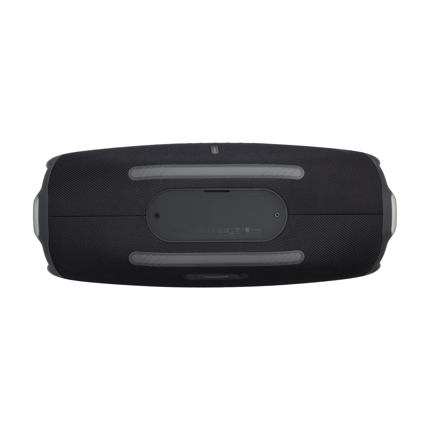 A black, rectangular portable speaker with gray accents is centered against a black background. It has a mesh-like texture.