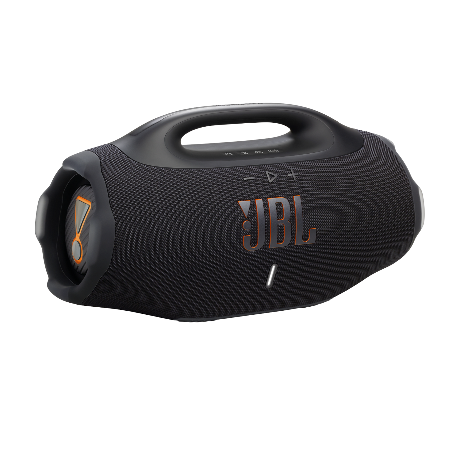 A black JBL speaker with orange accents. It has a handle on top, buttons, and the JBL logo. The background is black.