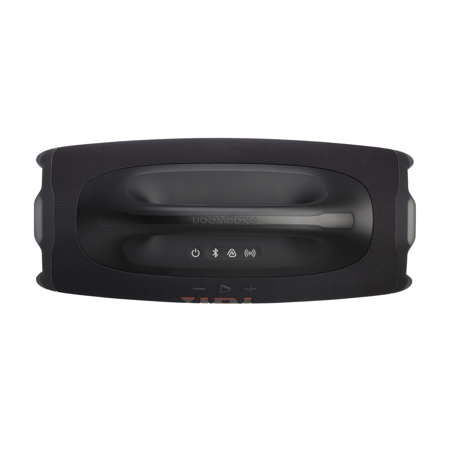 Black JBL Boombox 4 speaker. It has a handle, control buttons, and the JBL logo. The background is black.