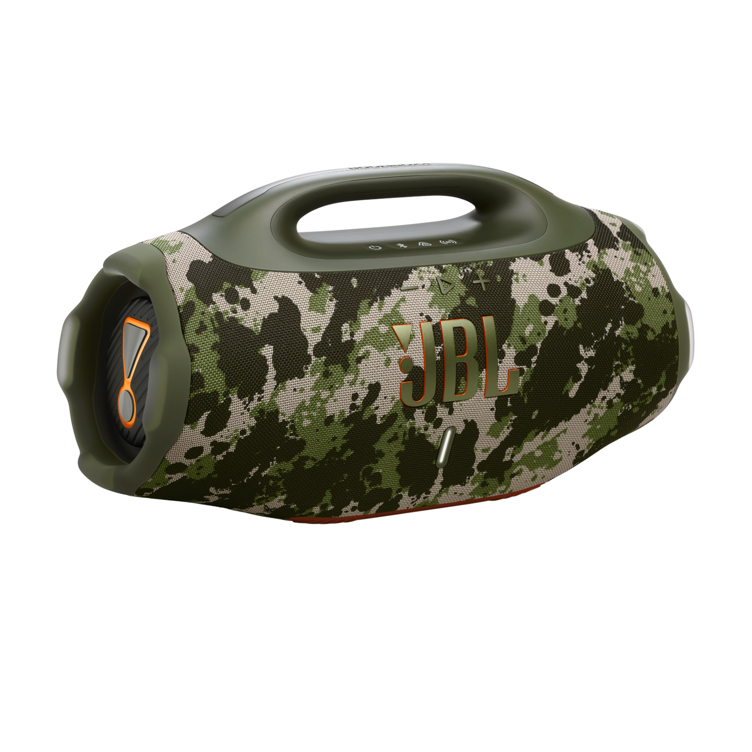 A camouflage-patterned JBL speaker with a green handle. Orange accents are visible. The JBL logo is in orange.