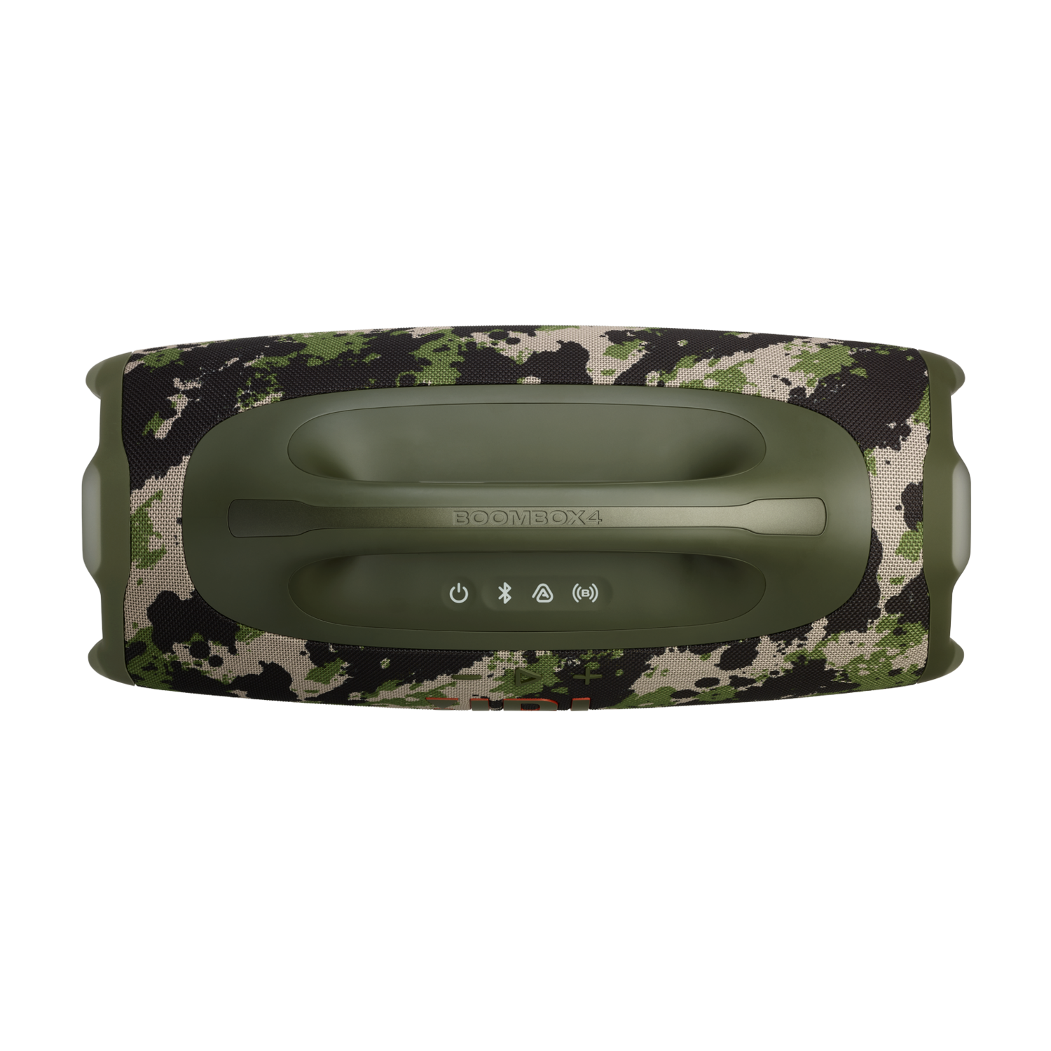 A camouflage-patterned boombox, green handle on top, with power, Bluetooth, and wireless connection buttons on it, on a black background.