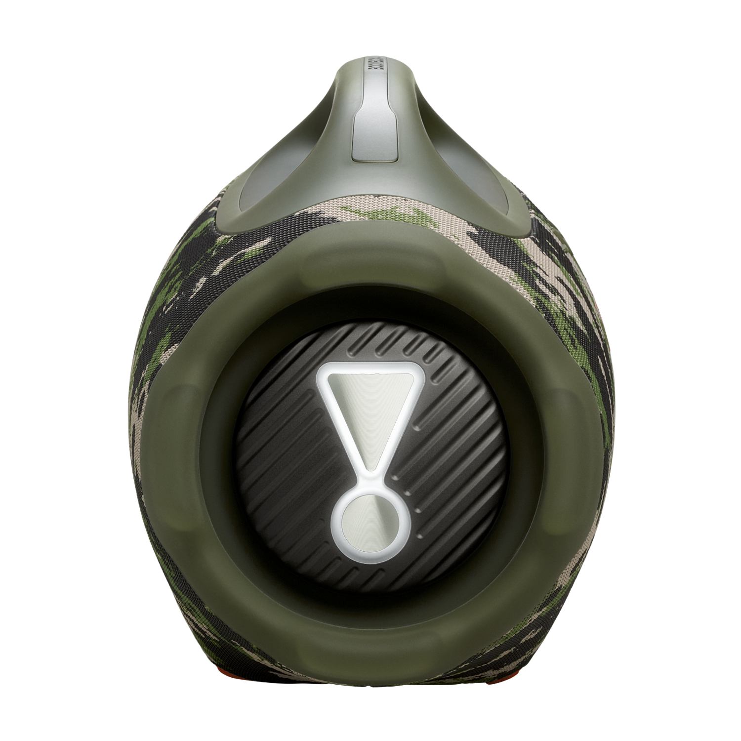 A camouflage-patterned JBL speaker with a handle. It has a white exclamation mark on a black surface. Green and black colors.