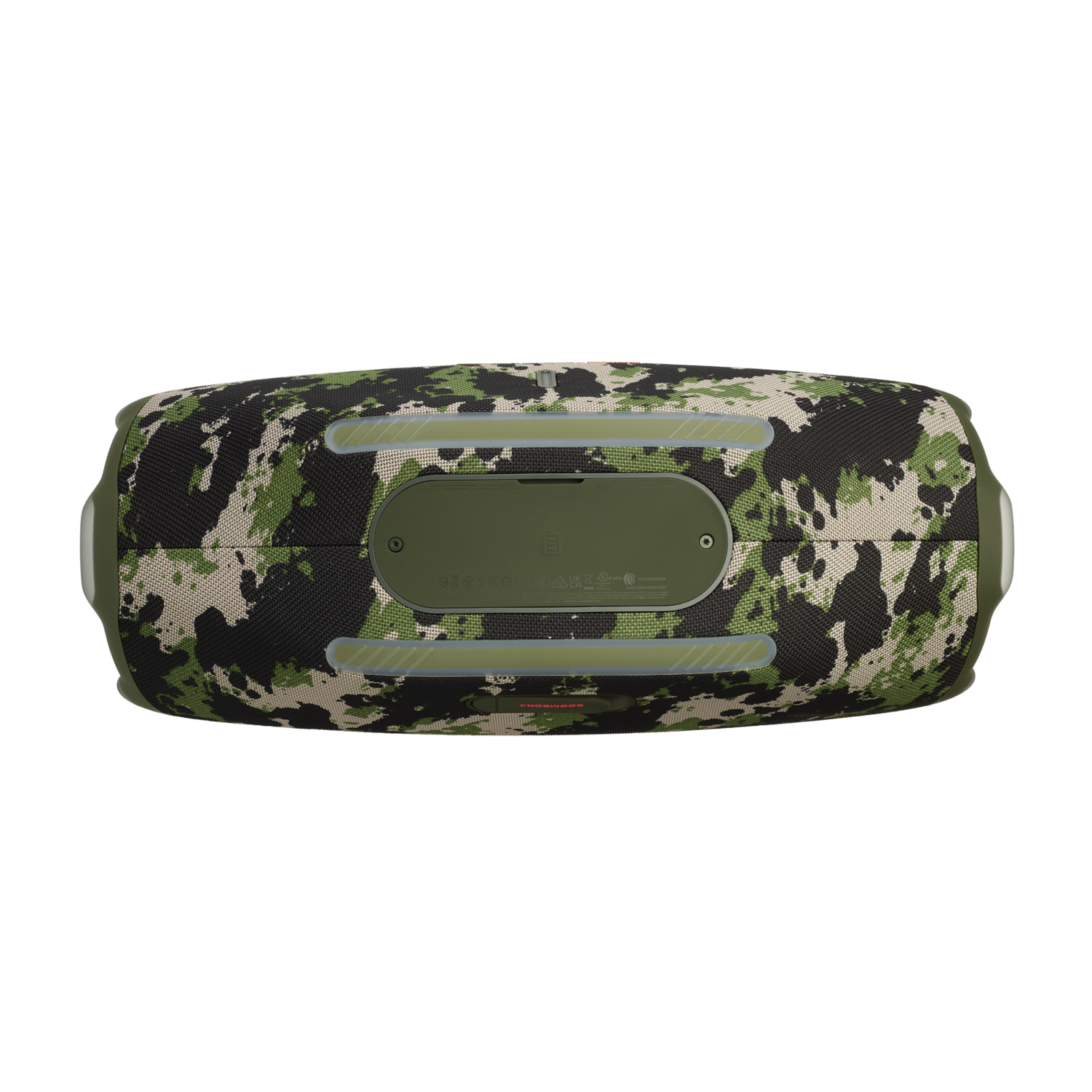 A camouflage-patterned speaker on a black background. The speaker is olive green, black, and beige. Buttons are visible.