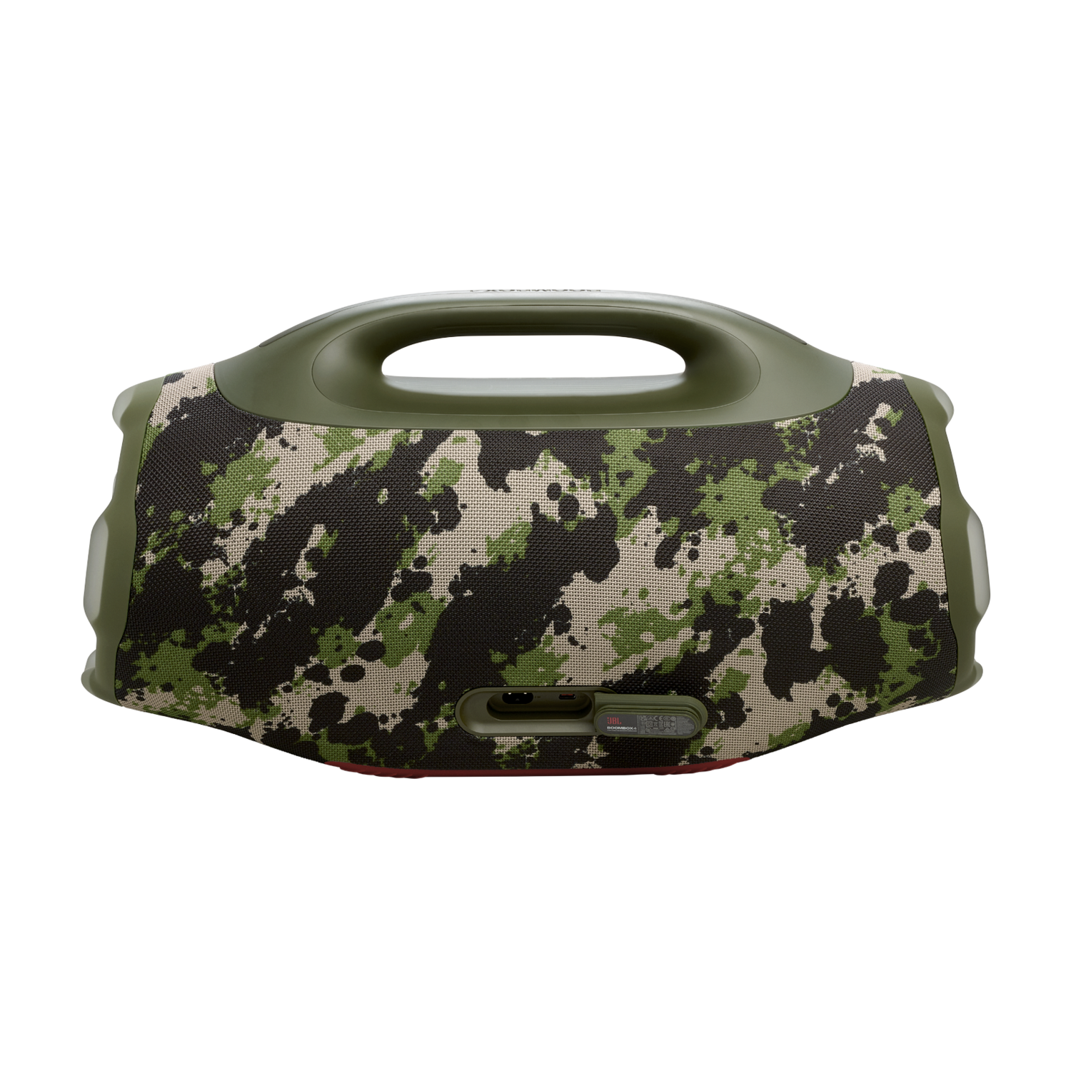 A portable speaker with a camouflage pattern. It has a handle, and a red stripe at the bottom. The background is black.