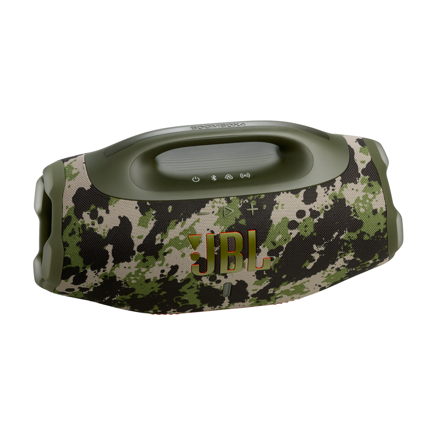 JBL Boombox 4 speaker with camouflage pattern in shades of green, brown, and black. Has a handle and control buttons on top.