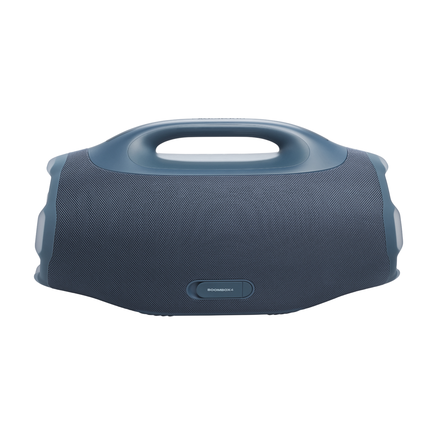 Een blauwe boombox op een zwarte achtergrond. Het heeft een handvat aan de bovenkant en het woord 'BOOMBOX4' aan de voorkant.