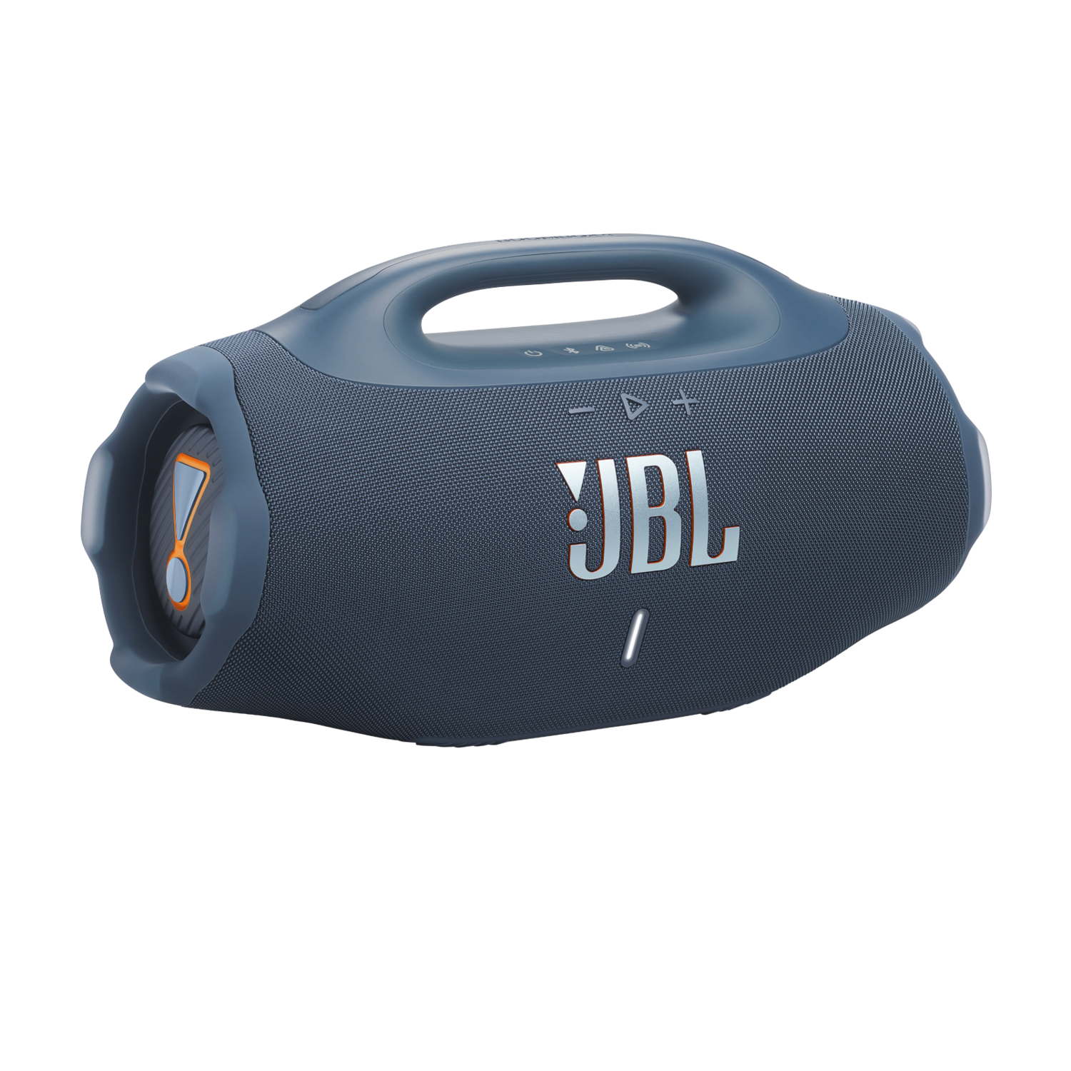 Een blauwe JBL-luidspreker met een handvat. Het heeft het JBL-logo in wit, oranje accenten en bedieningsknoppen. De achtergrond is zwart.