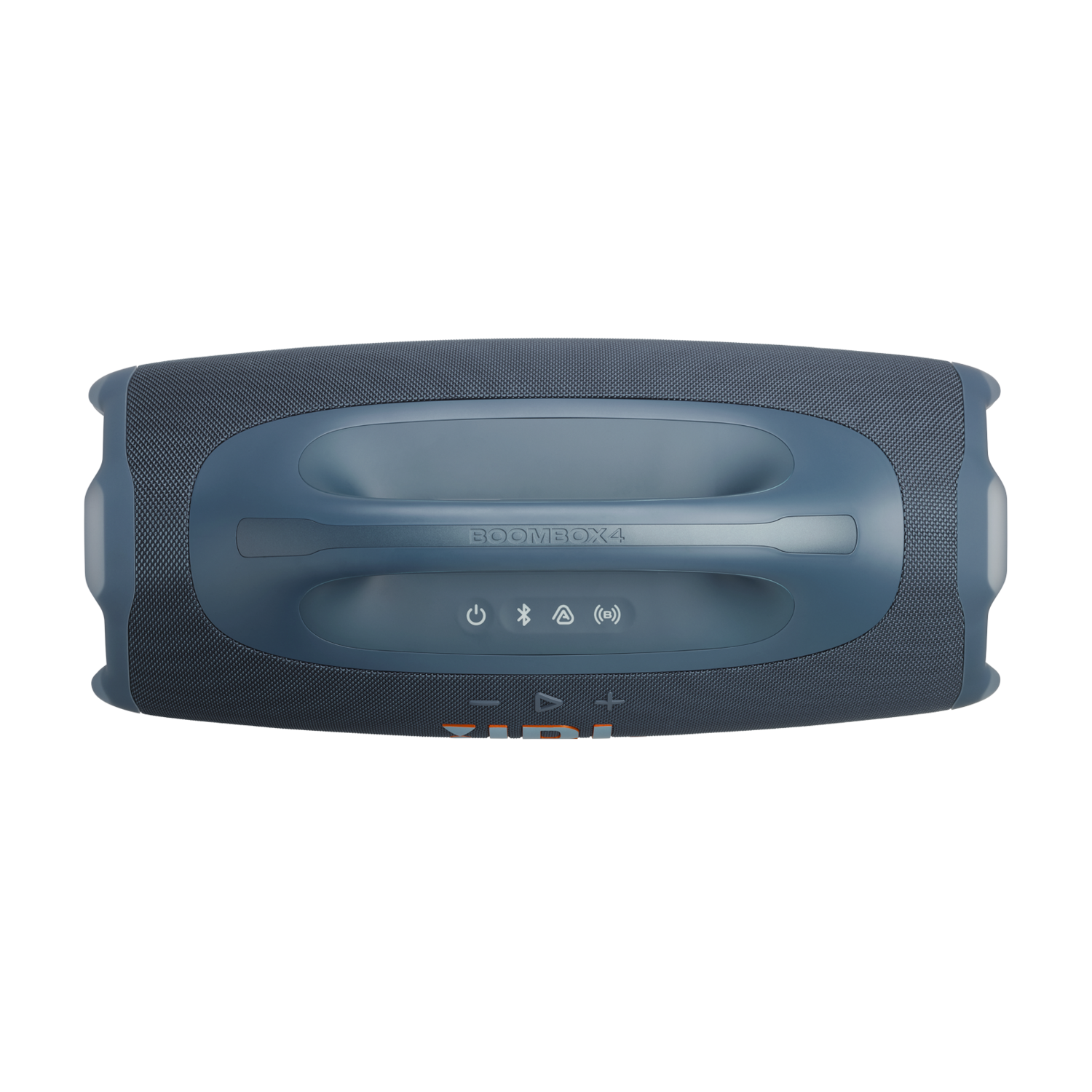 Een blauwe JBL Boombox 4-luidspreker op een zwarte achtergrond. Het heeft een handvat, bedieningsknoppen en het JBL-logo.