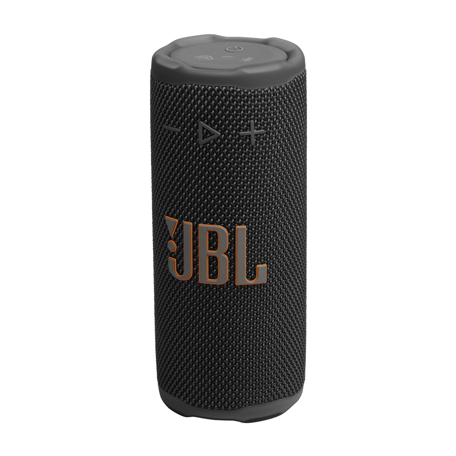 Een zwarte draagbare JBL-luidspreker met oranje logo en bedieningselementen aan de bovenkant. Het heeft een mesh textuur en staat op een zwarte achtergrond.