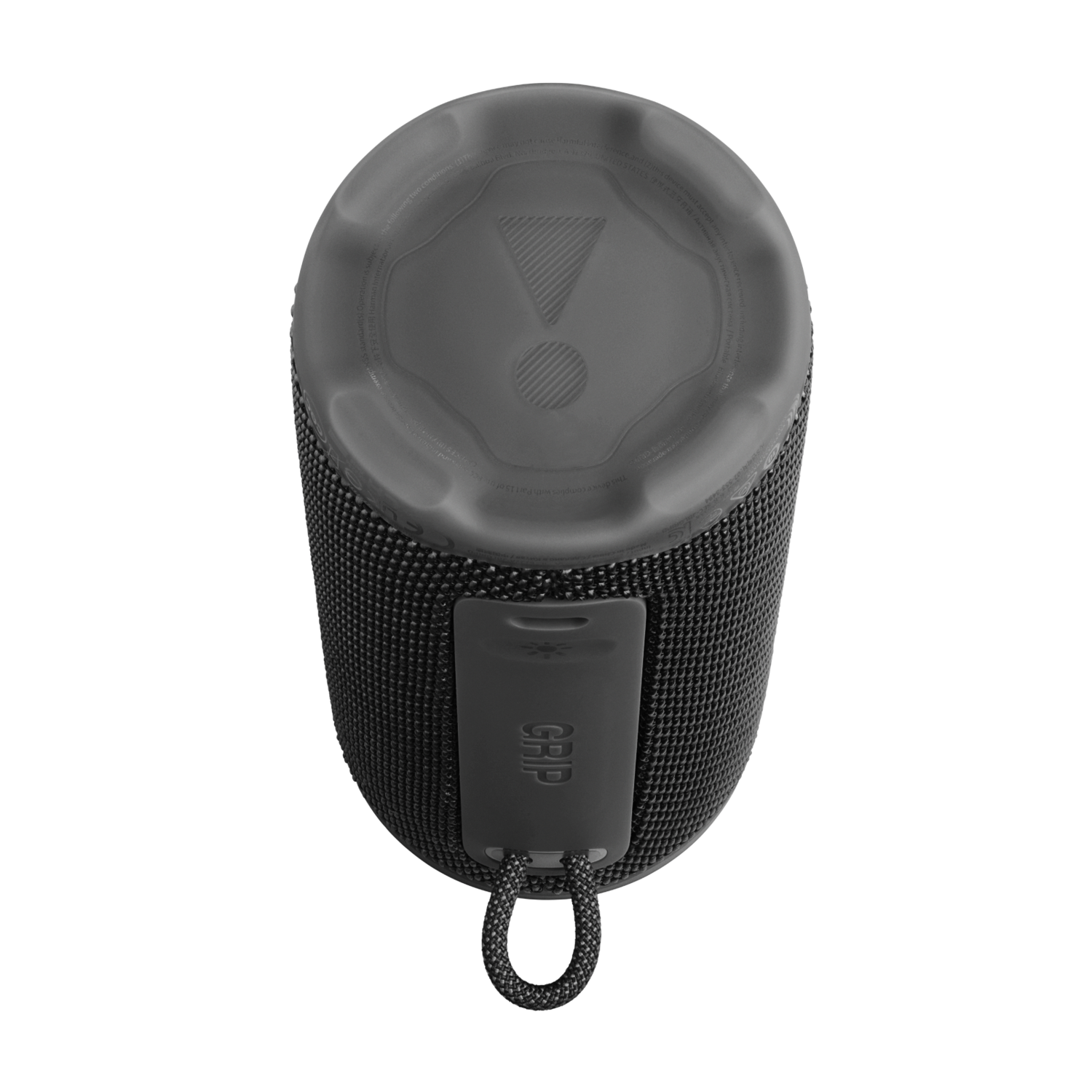Zwarte JBL-luidspreker met een grijze bovenkant. Het heeft een lus om te dragen en een clip met 'GRIP'. De achtergrond is zwart.