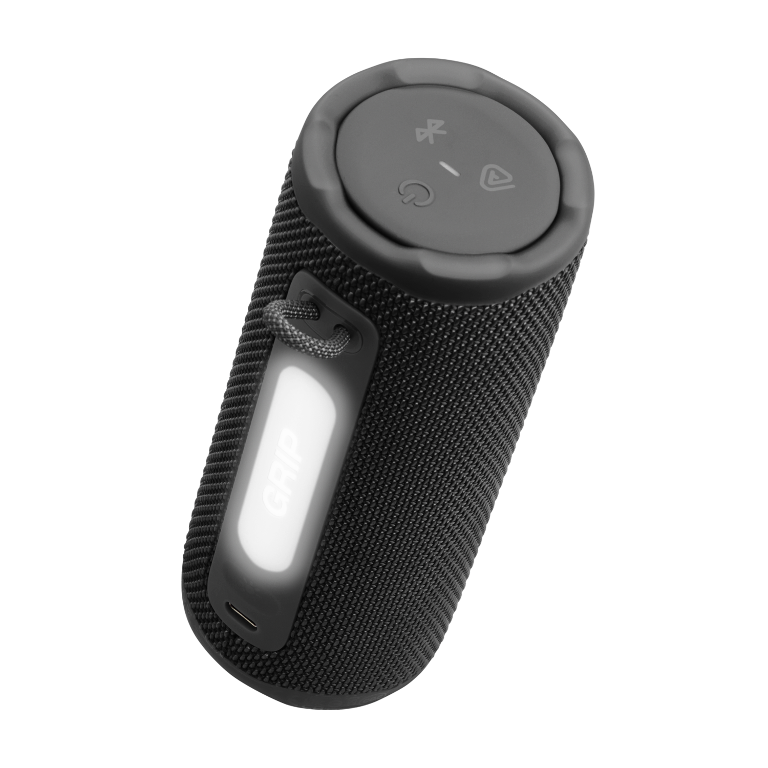 Zwarte cilindrische luidspreker met grijze bovenkant en knoppen. Voorzien van een wit 'GRIP'-licht en een USB-poort. Geïsoleerd op zwarte achtergrond.