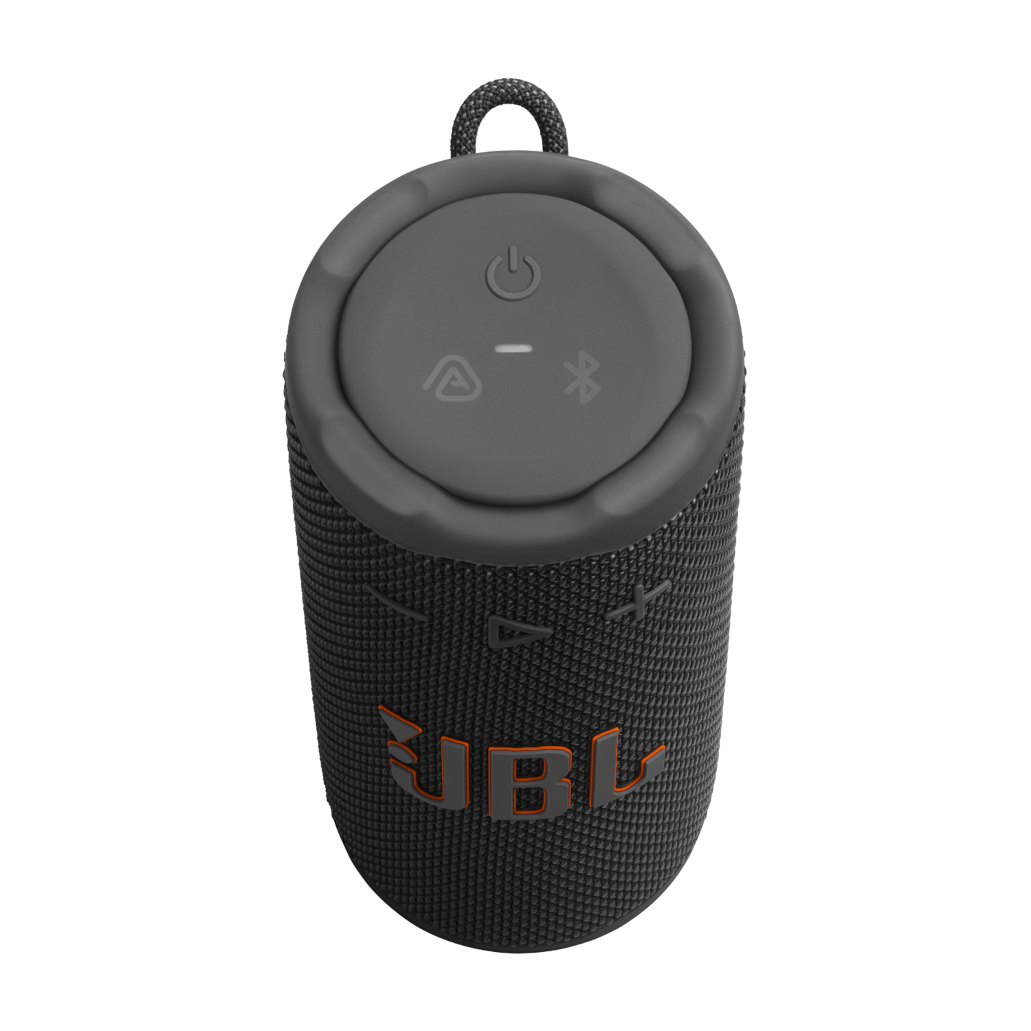 Zwarte JBL-luidspreker met oranje logo. Het heeft knoppen bovenop en een lus. Op een zwarte achtergrond.