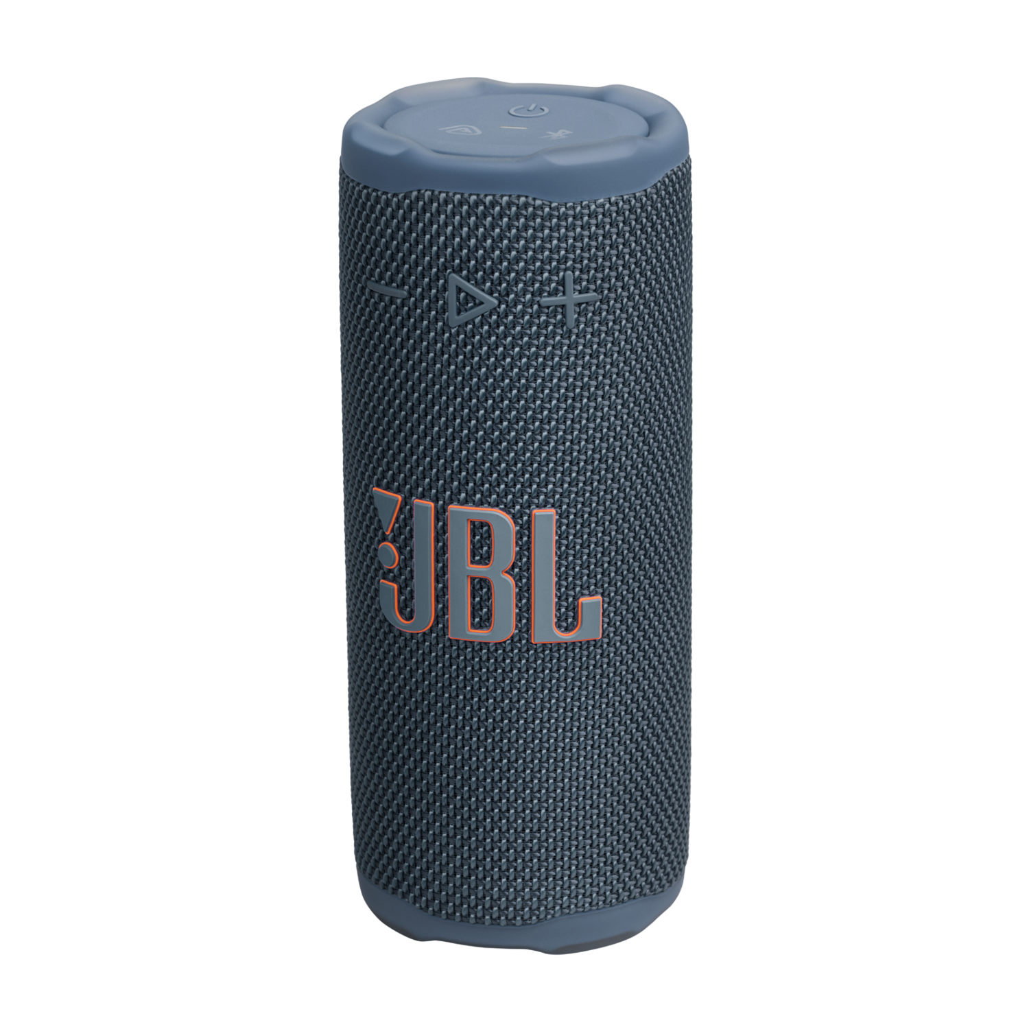 A cylindrical JBL speaker. It's dark teal with orange JBL logo. Buttons on top. It's on a black background.