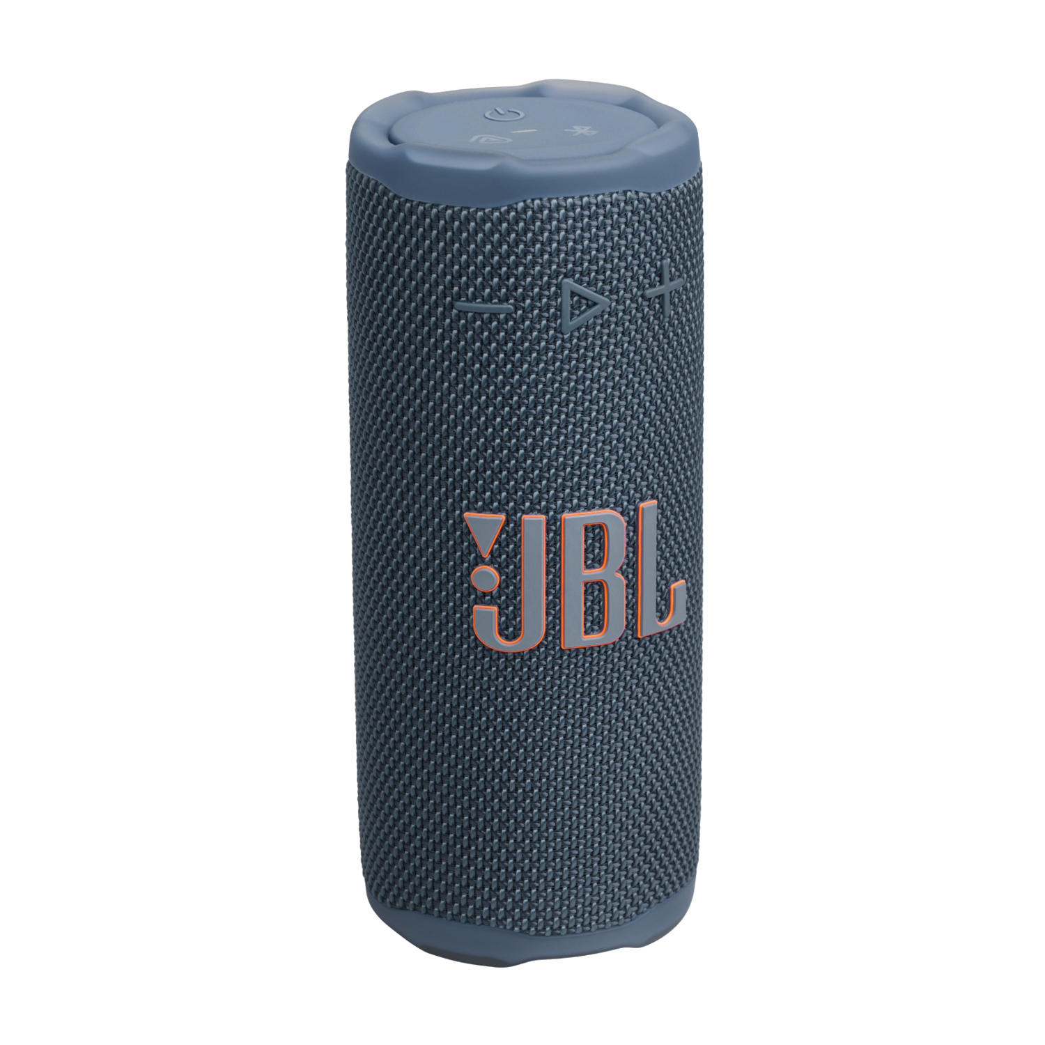 A blue JBL speaker on a black background. The JBL logo is orange. It has buttons on top.