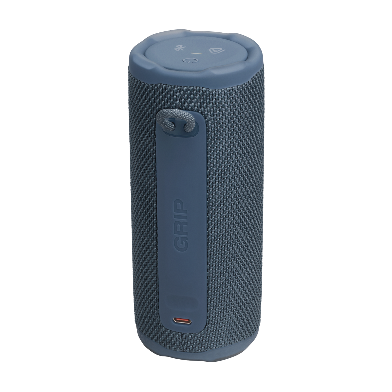 A blue cylindrical speaker with a fabric mesh, a handle, and buttons on top, the word 'GRIP' is on the side.