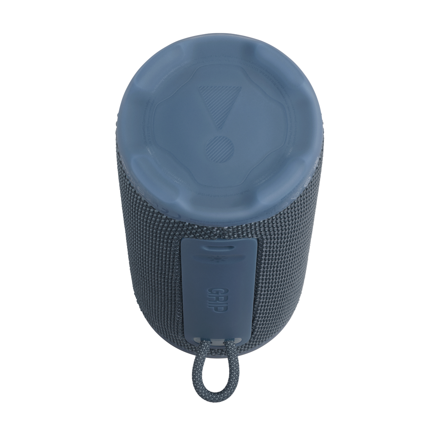 A blue portable JBL speaker. It has a blue top with a button and text. The body is a darker blue fabric with a grip.