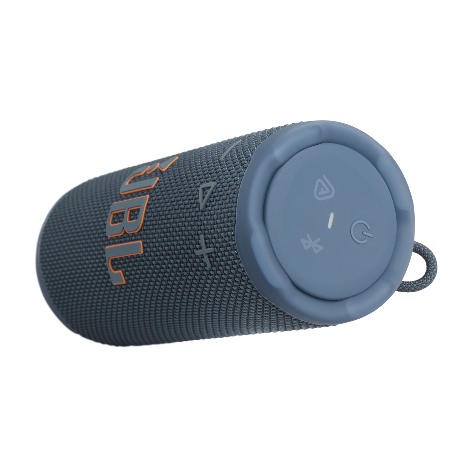 A blue and gray JBL speaker. It has a cylindrical shape. Buttons are located on the top. The speaker is on a black background.
