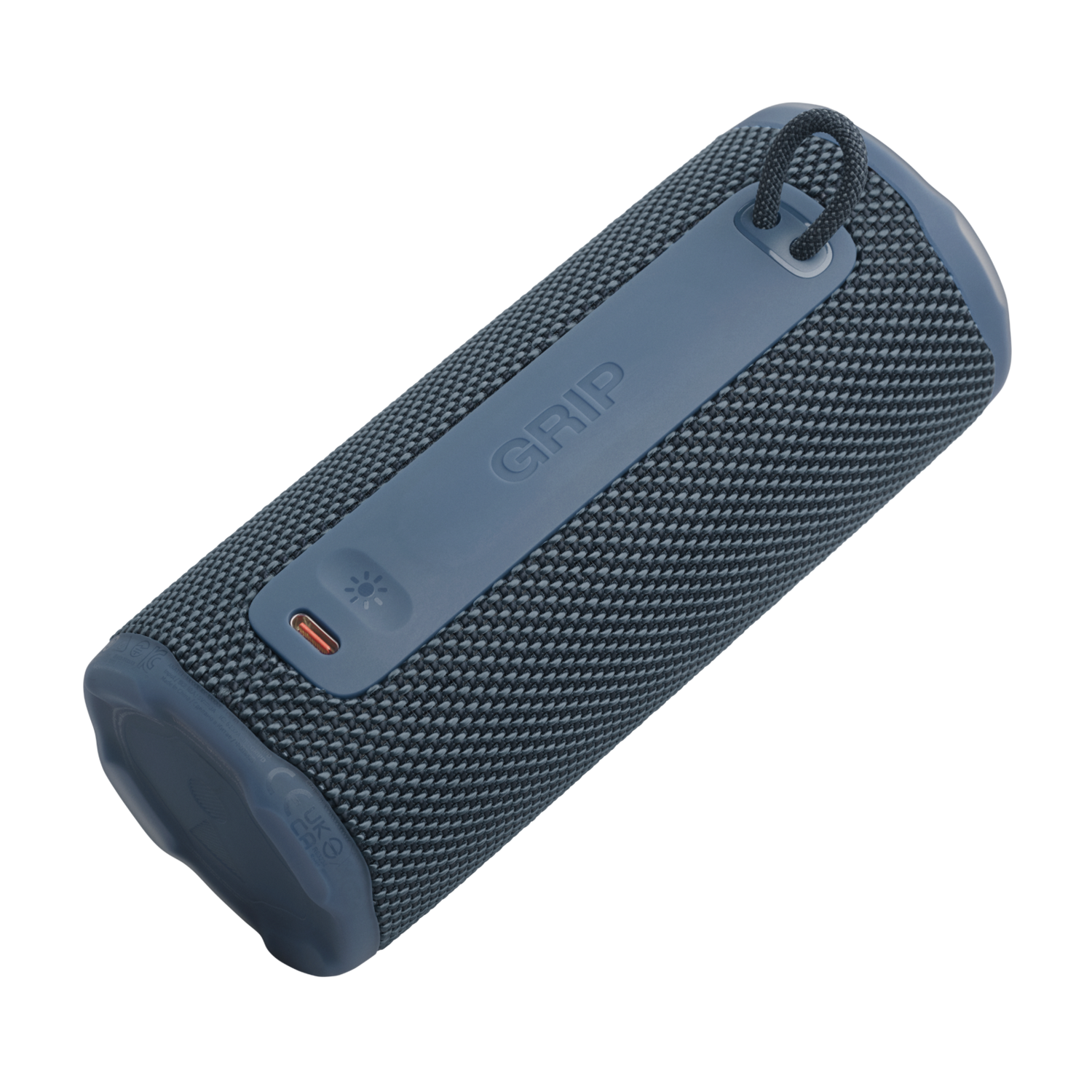 Blue and gray cylindrical speaker. The word 'GRIP' is visible. It has a strap, a button, and a light indicator on top.