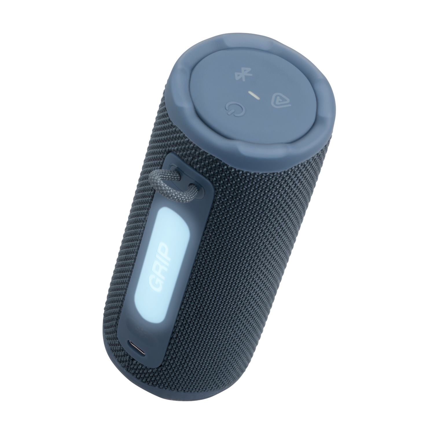 A blue portable speaker with a handle and the word 'GRIP'. It has control buttons on top and a black background.