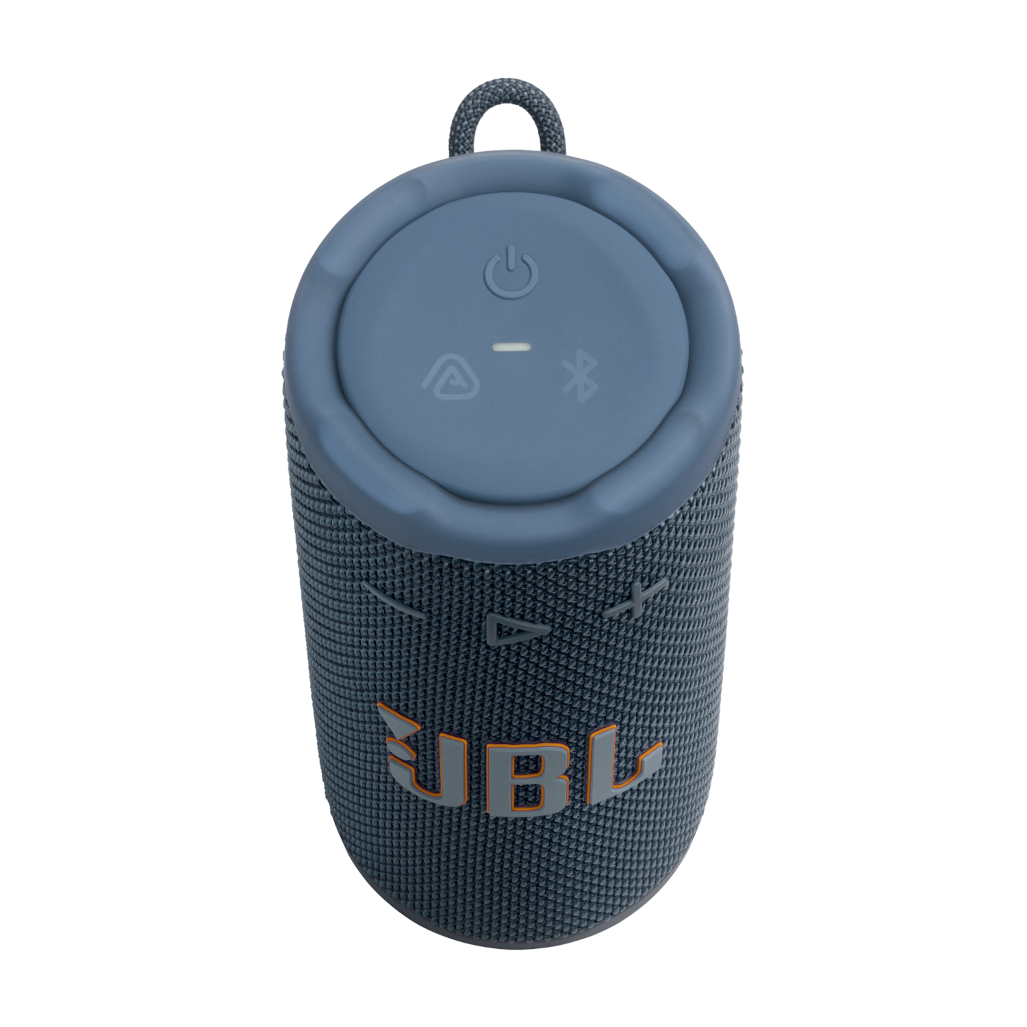 A blue JBL speaker on a black background. It has buttons on top and the JBL logo. A loop is at the top.