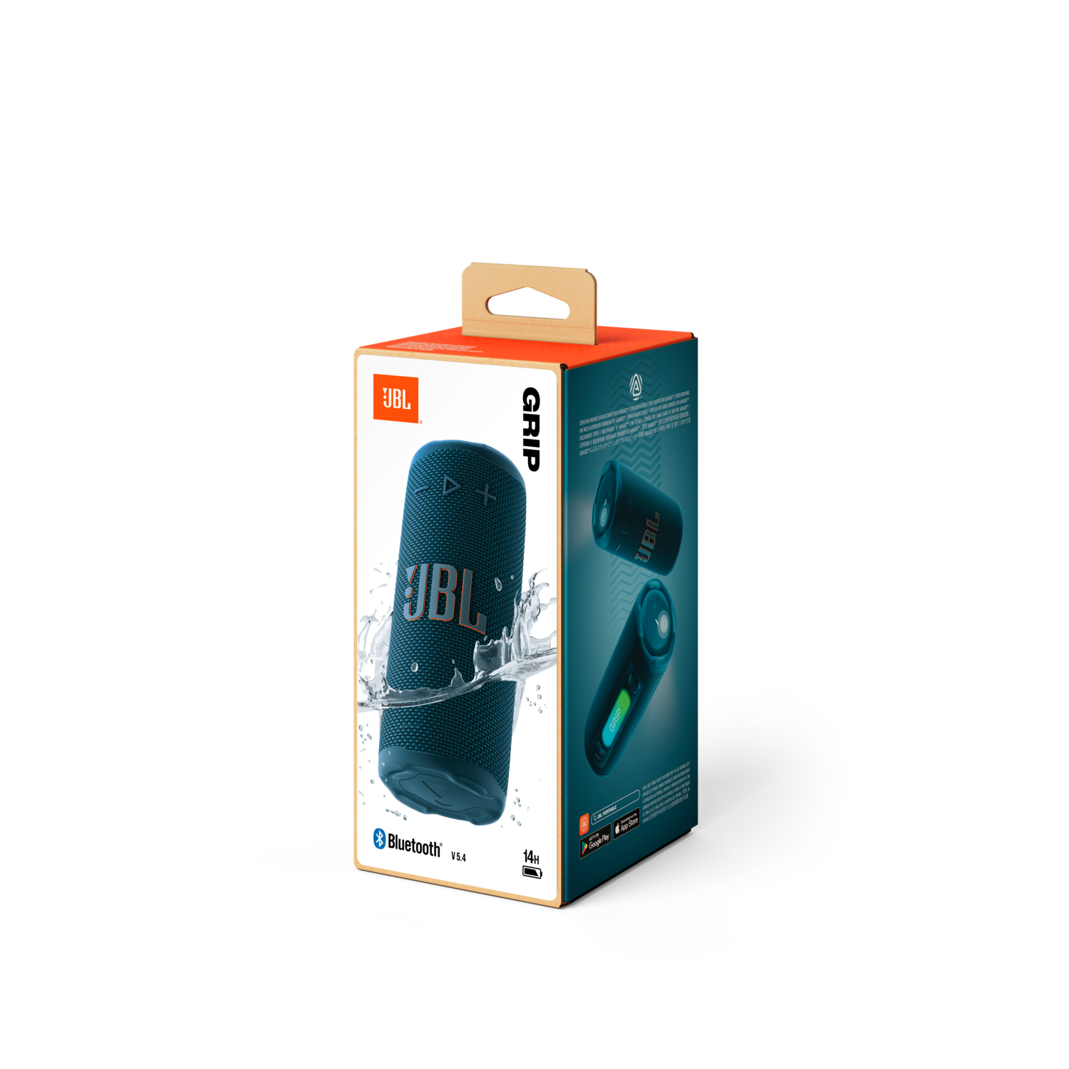 A JBL Grip Bluetooth speaker is in its box. The box shows the speaker design, water splash, and key features on a black background.