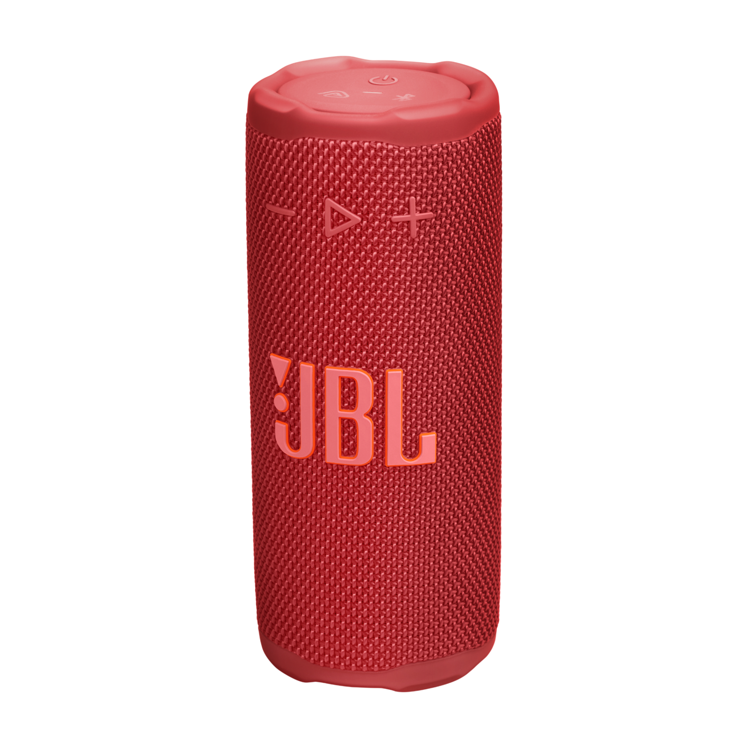 A red JBL speaker on a black background. It has buttons, the JBL logo, and a mesh texture. It is cylindrical.