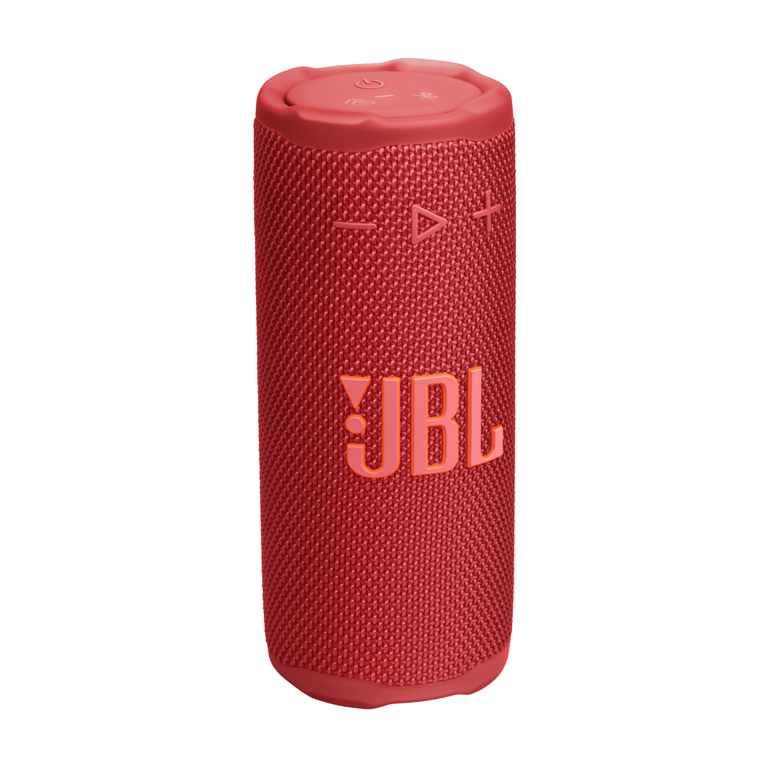 Red JBL speaker on black background. It has volume controls, a power button, and the JBL logo.