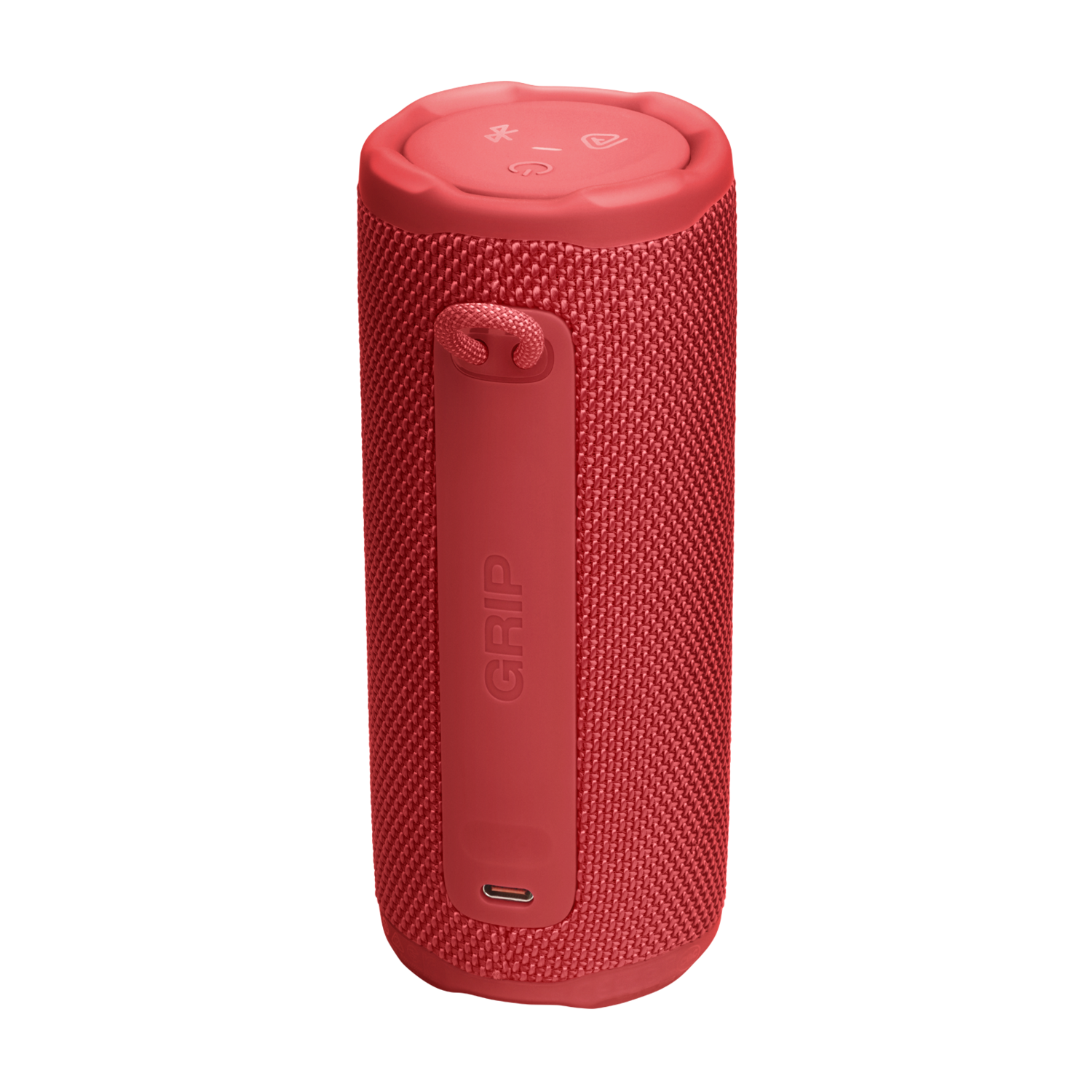A red cylindrical speaker with a handle and control buttons, against a black background. The word "GRIP" is visible.