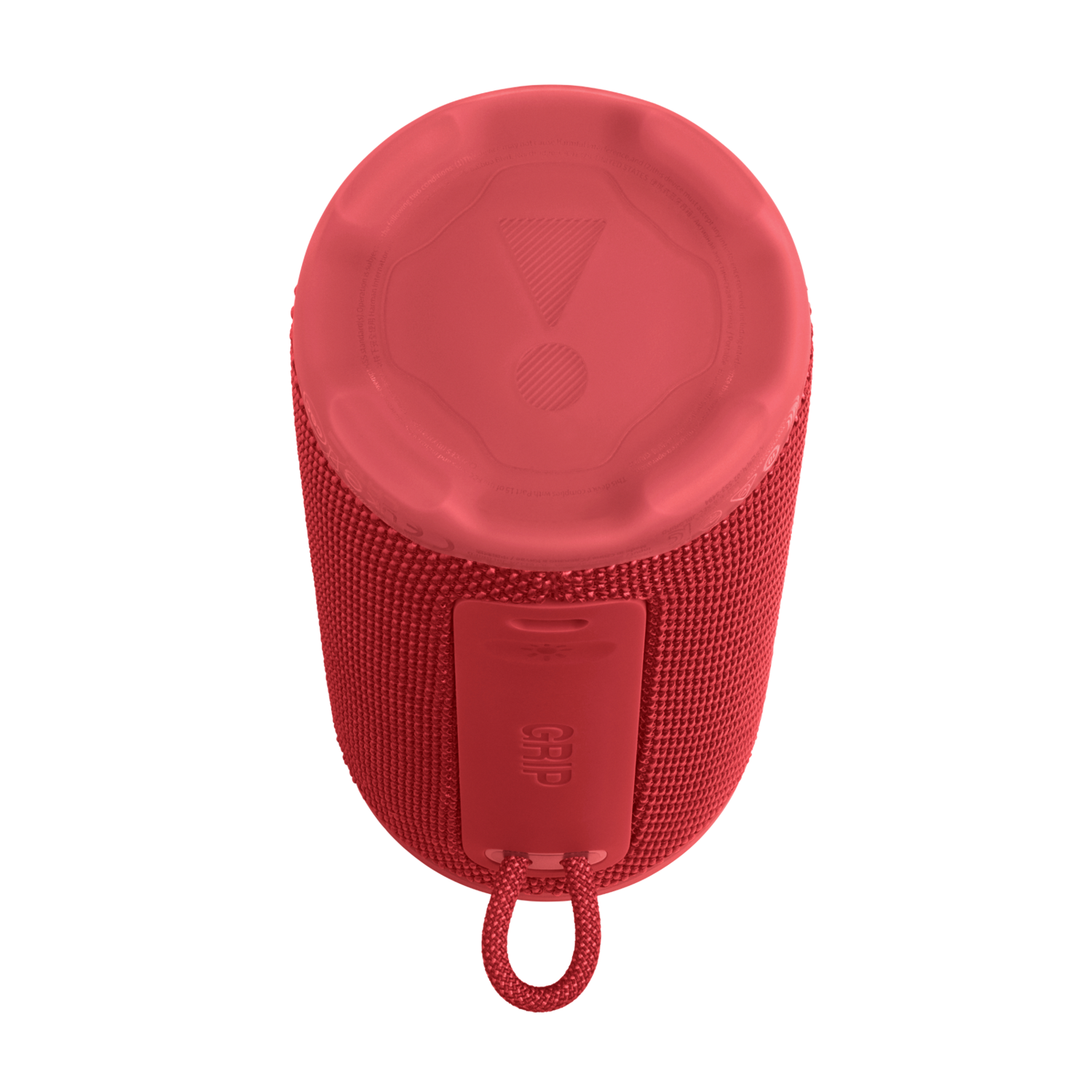 Red cylindrical speaker with the JBL logo. It has a fabric texture and a strap labeled "GRIP". The background is black.