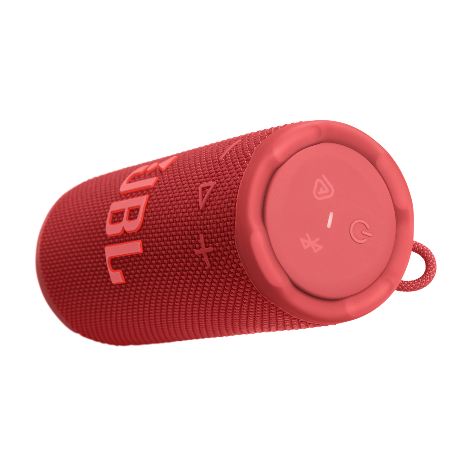 A red JBL speaker with a fabric-like texture. It has control buttons on one end and the JBL logo on the side. Black background.