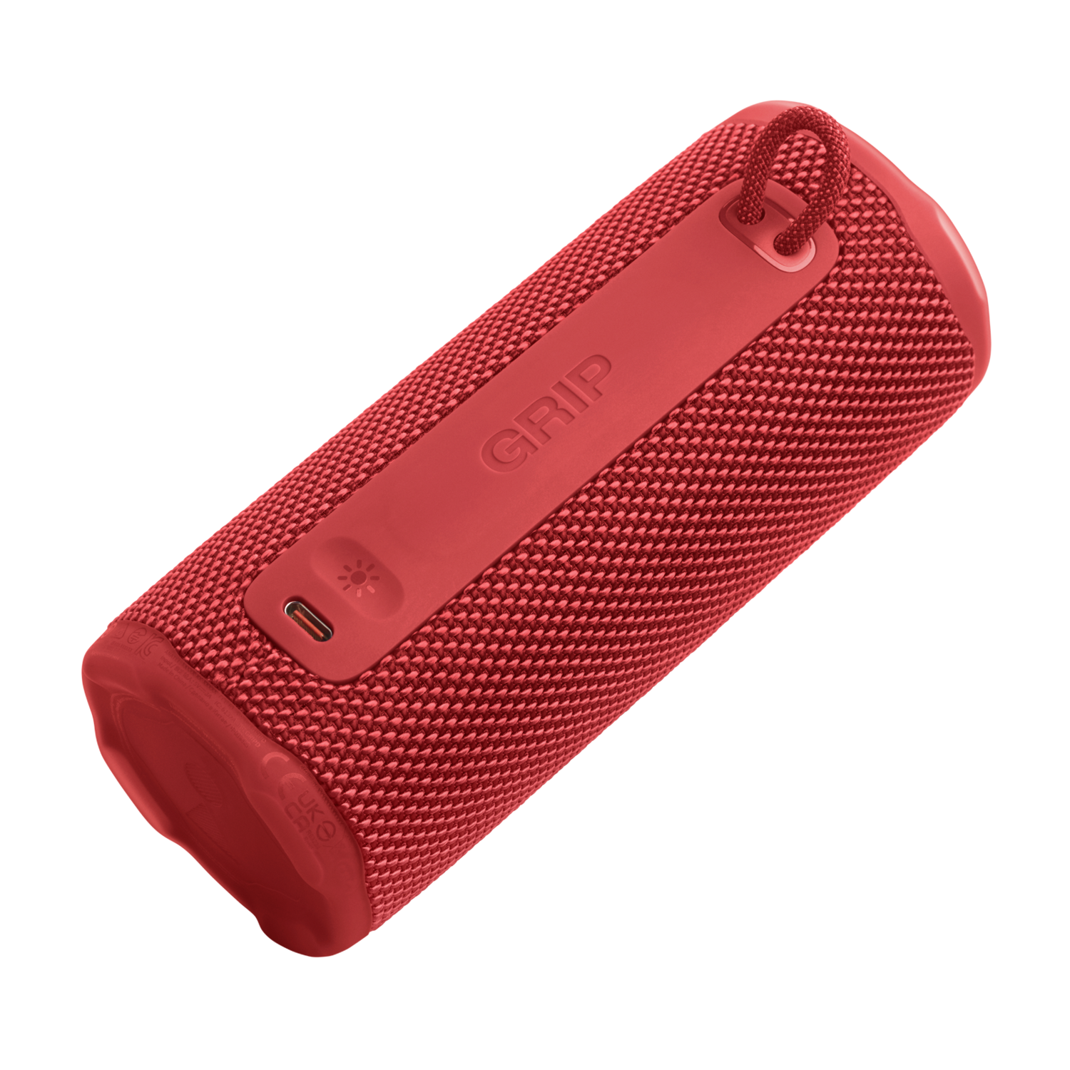 A red cylindrical speaker with the word 'GRIP' on it. It has a handle and charging port, with a mesh-like texture.