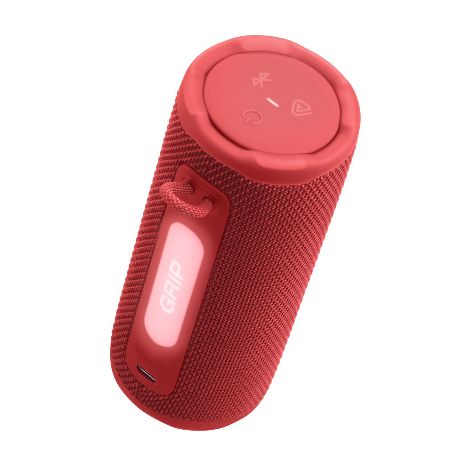 A red cylindrical speaker with the word 'GRIP' on the side. It has buttons and a loop. The background is black.