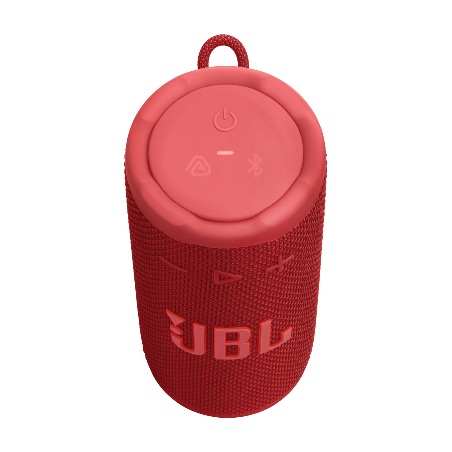 Red JBL portable speaker. It has a power button, plus and minus volume buttons, and a Bluetooth symbol. The logo is visible.