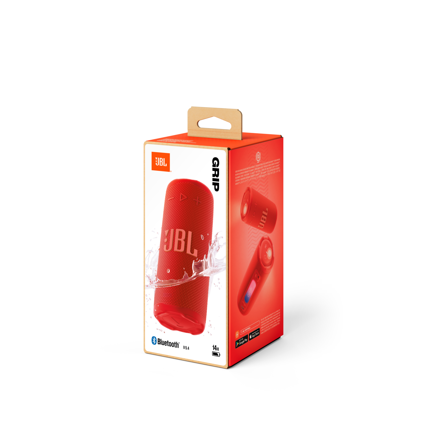 A red JBL speaker in its box. The box also shows images of the speaker. Bluetooth logo is visible.