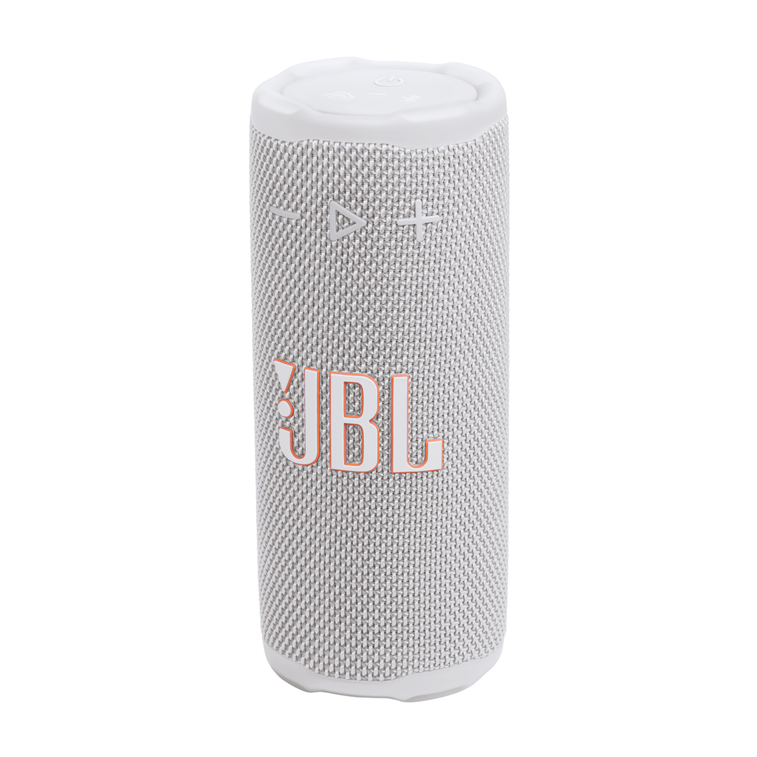 Een witte en grijze JBL-luidspreker met oranje accenten. Cilindrisch met volume- en afspeel/pauzeknoppen. Merk zichtbaar.