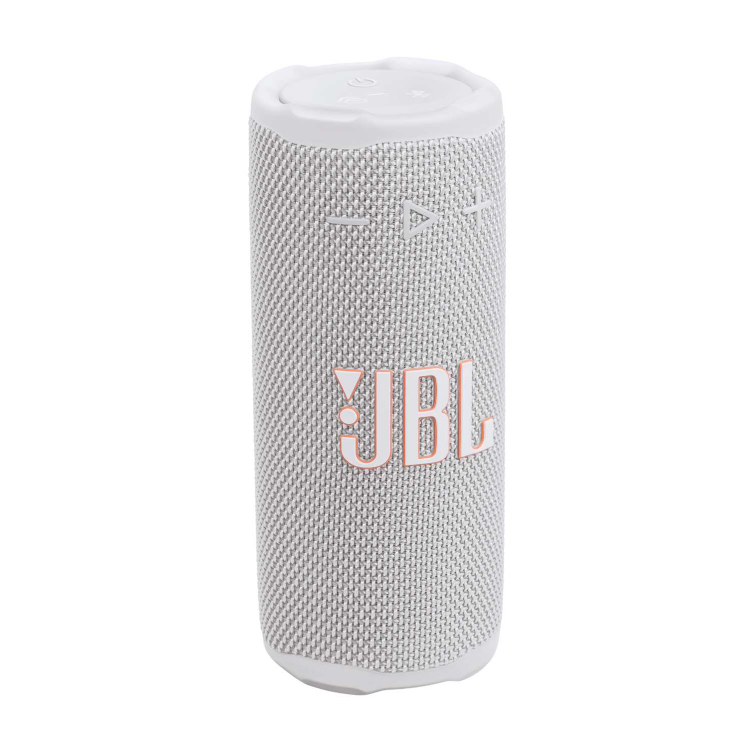 Een witte en grijze JBL-luidspreker op een zwarte achtergrond. Het JBL-logo is oranje. Het heeft knoppen bovenop.