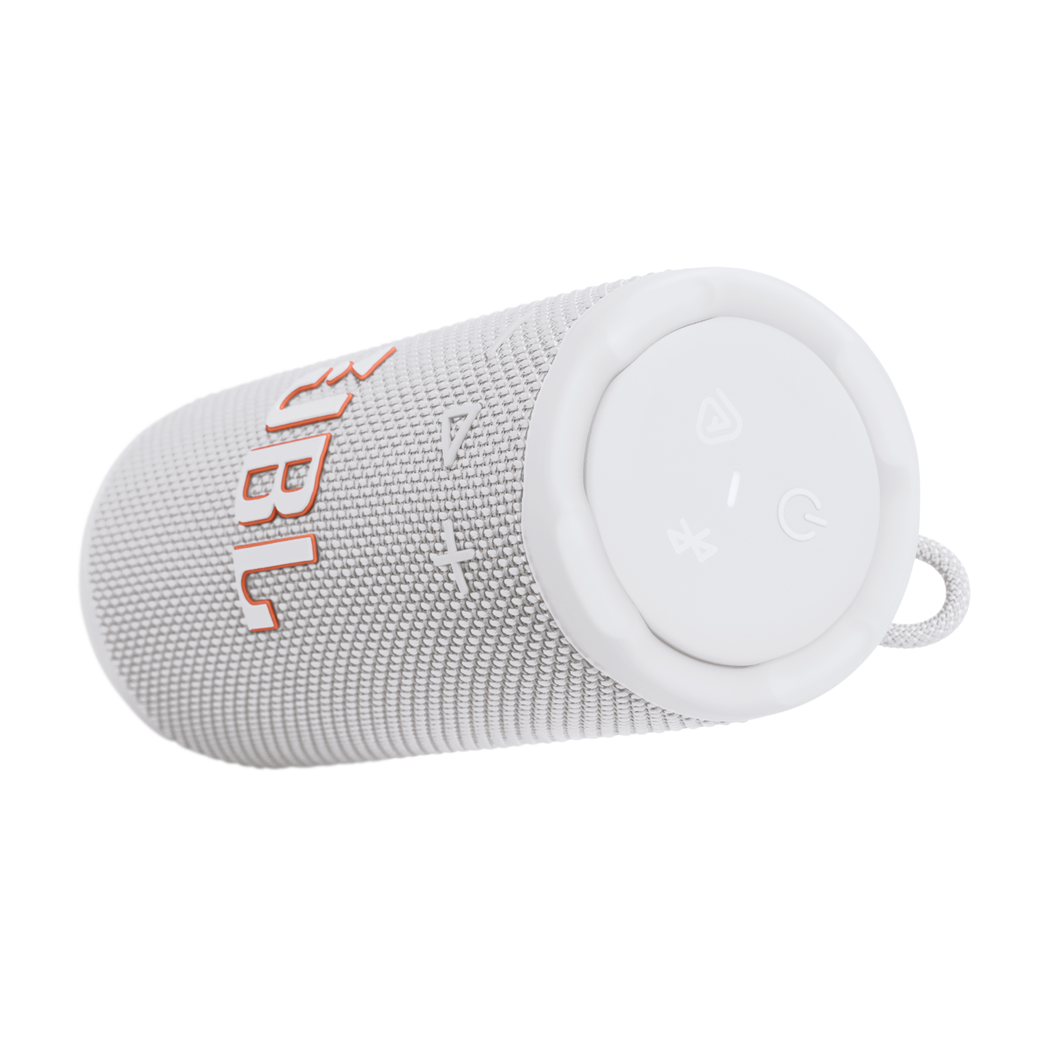 Een witte en grijze JBL-luidspreker met oranje letters en witte bedieningsknoppen op een zwarte achtergrond.