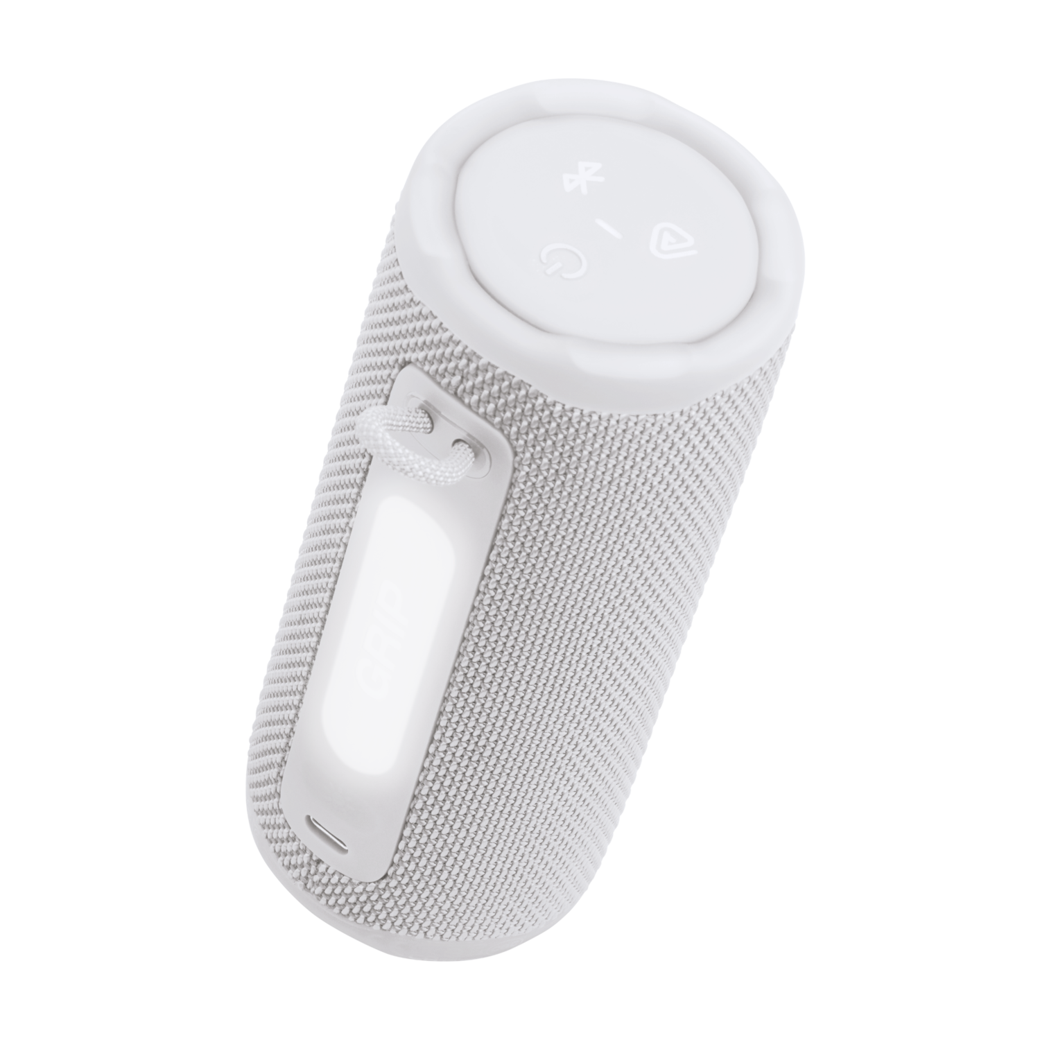 Een witte, cilindrische luidspreker met een handvat en knoppen aan de bovenkant, tegen een zwarte achtergrond.