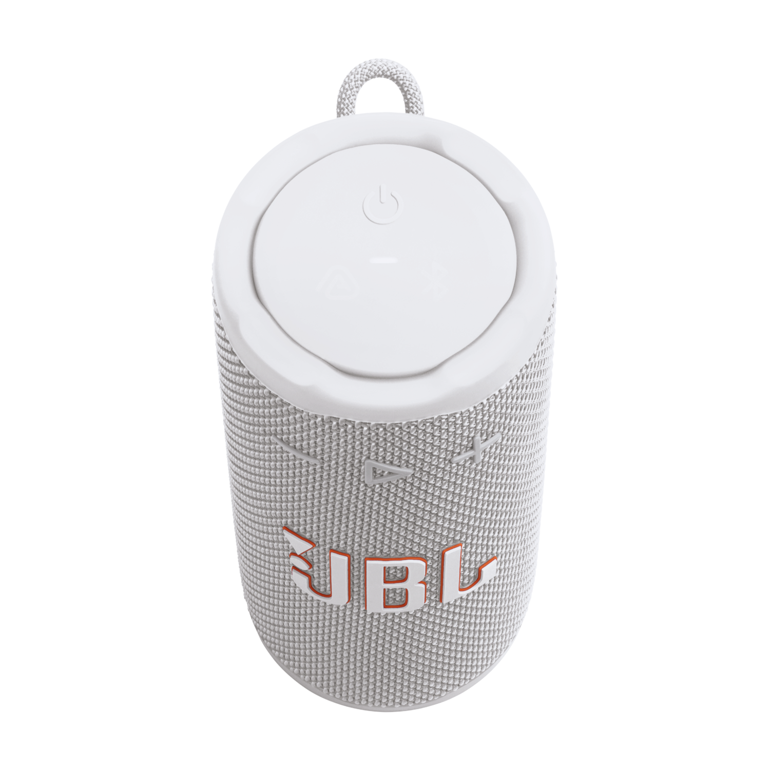 Een witte JBL-luidspreker met een stoffen textuur. Het JBL-logo is oranje. Hij heeft een aan/uit-knop bovenop en een draaglus.