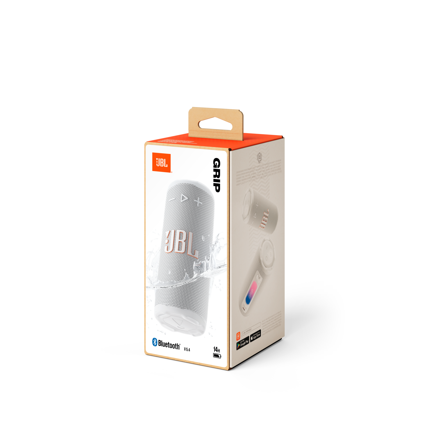 Een witte JBL-luidsprekerdoos op een zwarte achtergrond. De doos heeft een handvat en toont de luidspreker, met het JBL-logo.