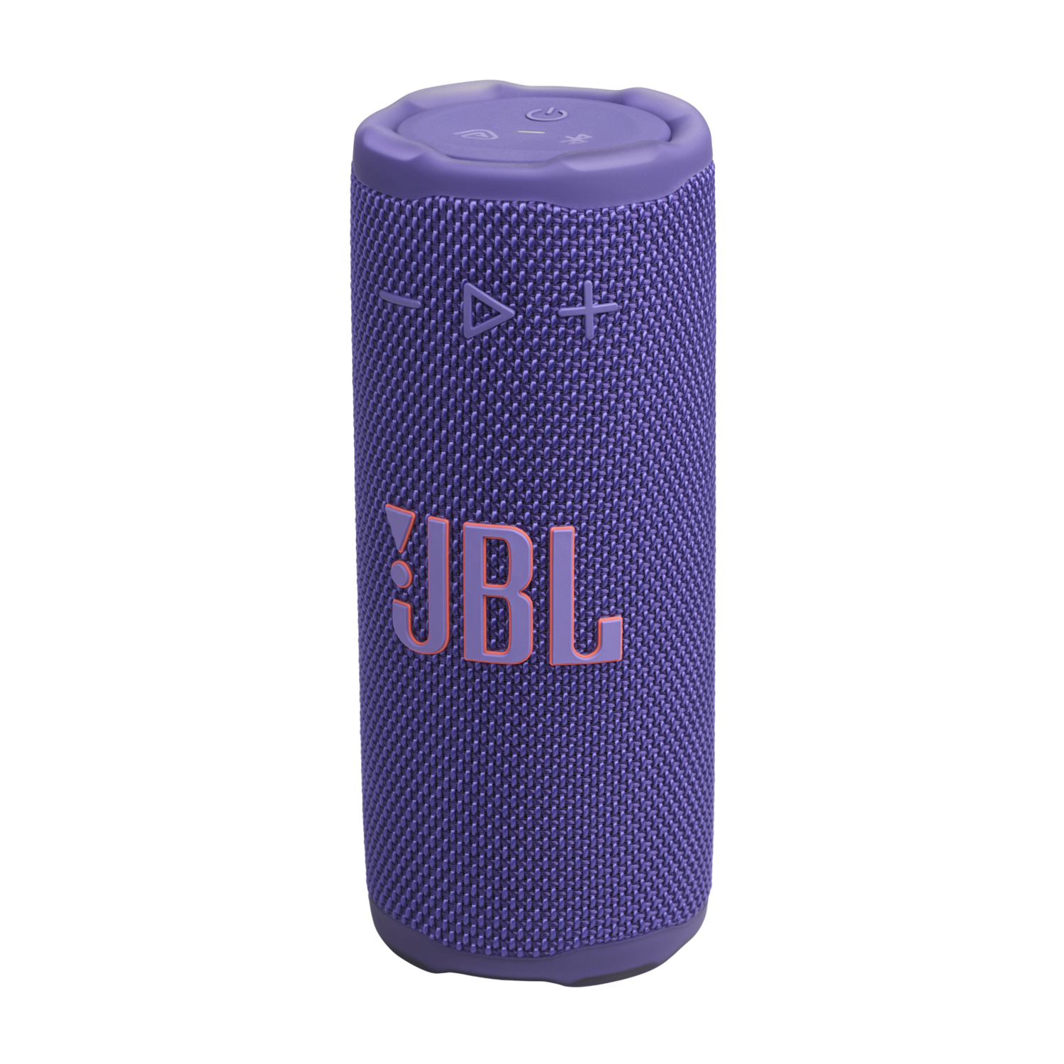 Een paarse JBL-luidspreker met oranje JBL-tekst. De luidspreker heeft bedieningsknoppen bovenop en een mesh textuur.