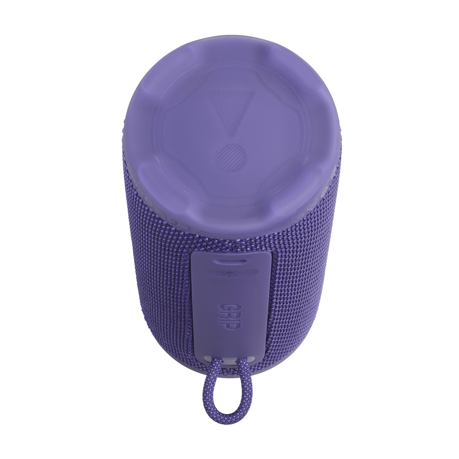 Een paarse JBL-luidspreker. Hij is cilindrisch met een getextureerde stoffen behuizing en een gladde, paarse bovenkant met het JBL-logo. Er is een draaglus.