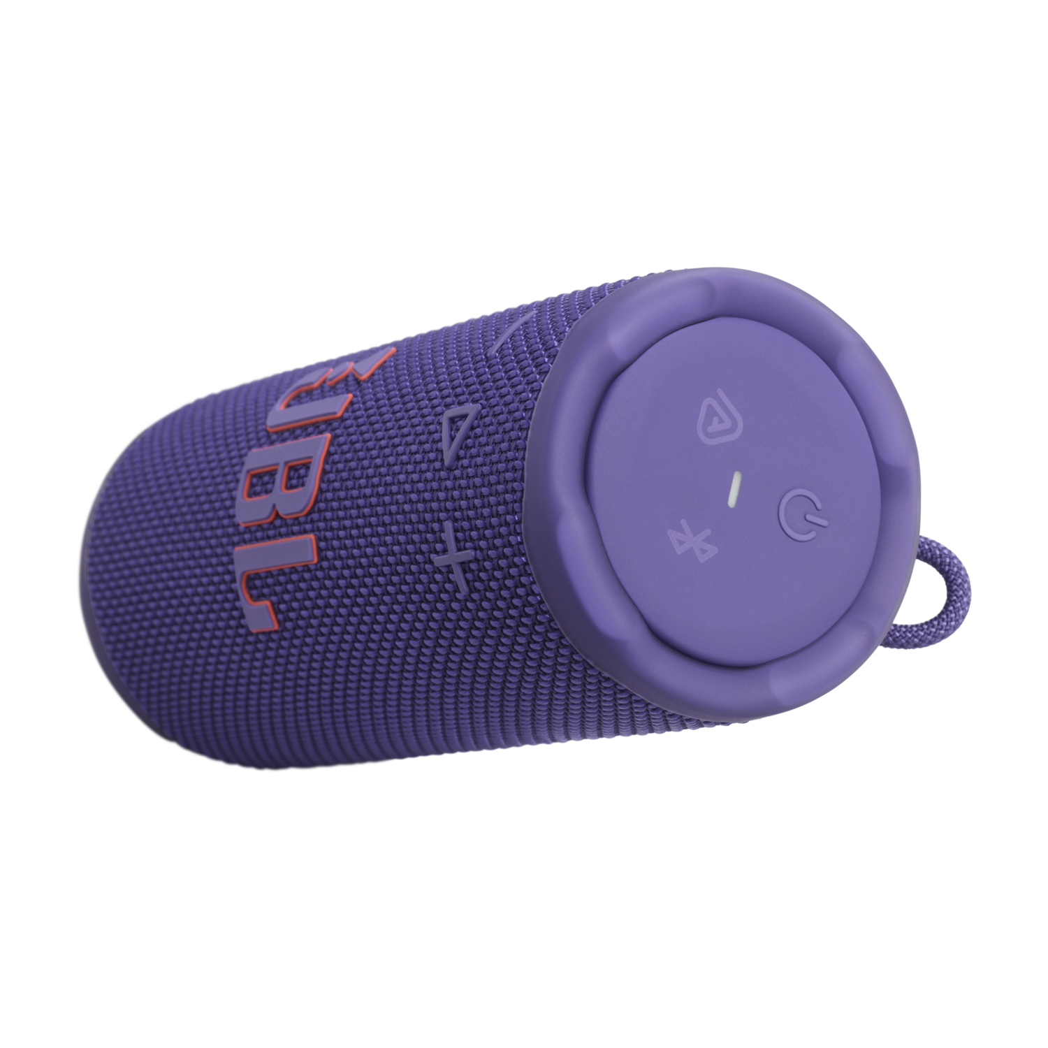 Een paarse JBL-luidspreker op een zwarte achtergrond. Het heeft bedieningsknoppen en het JBL-logo. De luidspreker is cilindrisch.