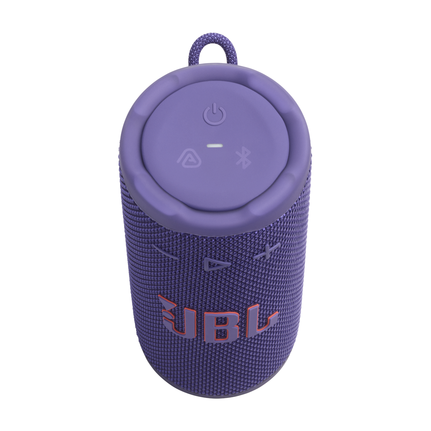 Een paarse JBL-luidspreker met rood JBL-logo. Het heeft bedieningsknoppen bovenop en een stoffen mesh body. Zwarte achtergrond.