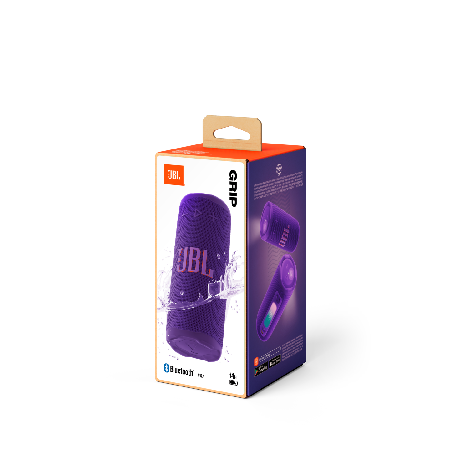 Een JBL-luidspreker in een doos. De doos is oranje en paars met het JBL-logo. De luidspreker is paars en cilindrisch.