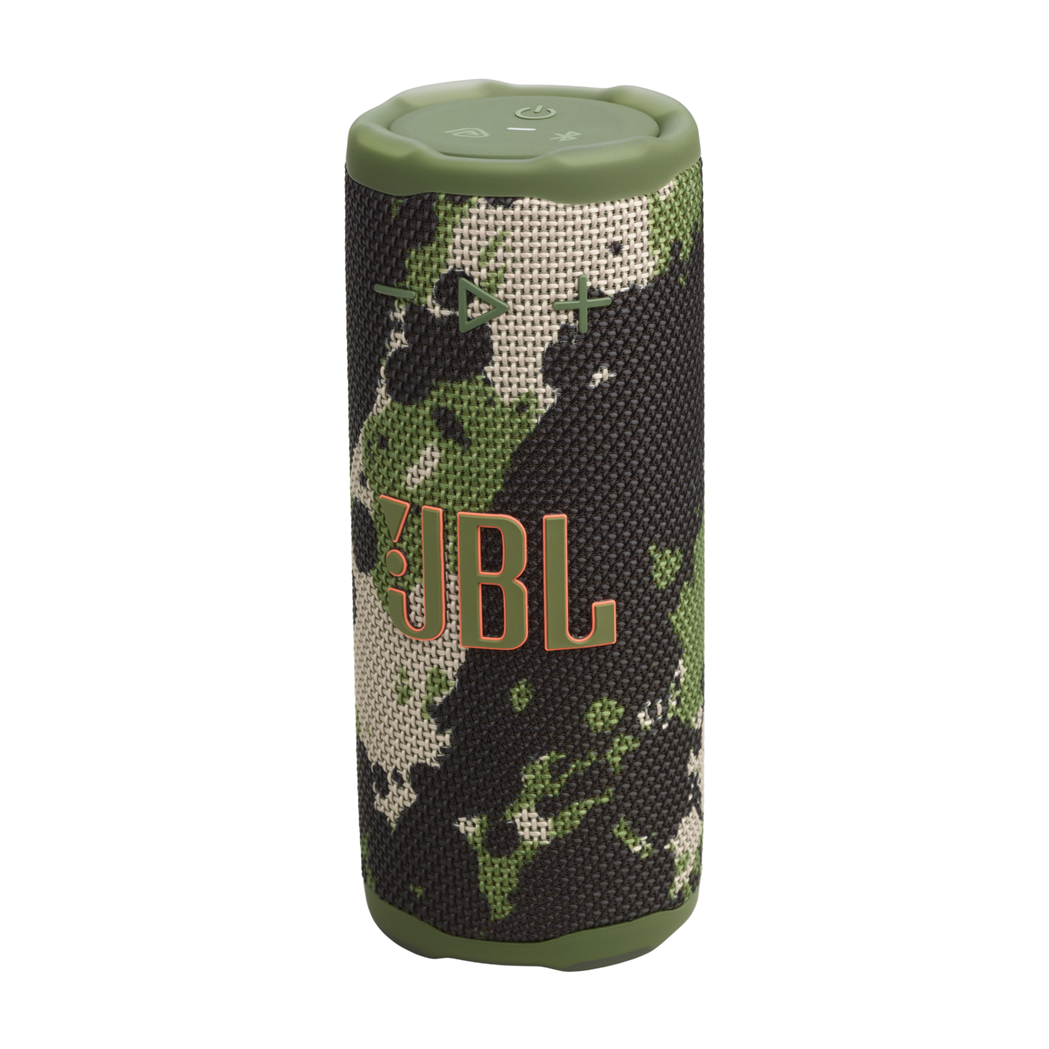 A cylindrical JBL speaker with a camouflage pattern of green and black. It has control buttons at the top and JBL logo.