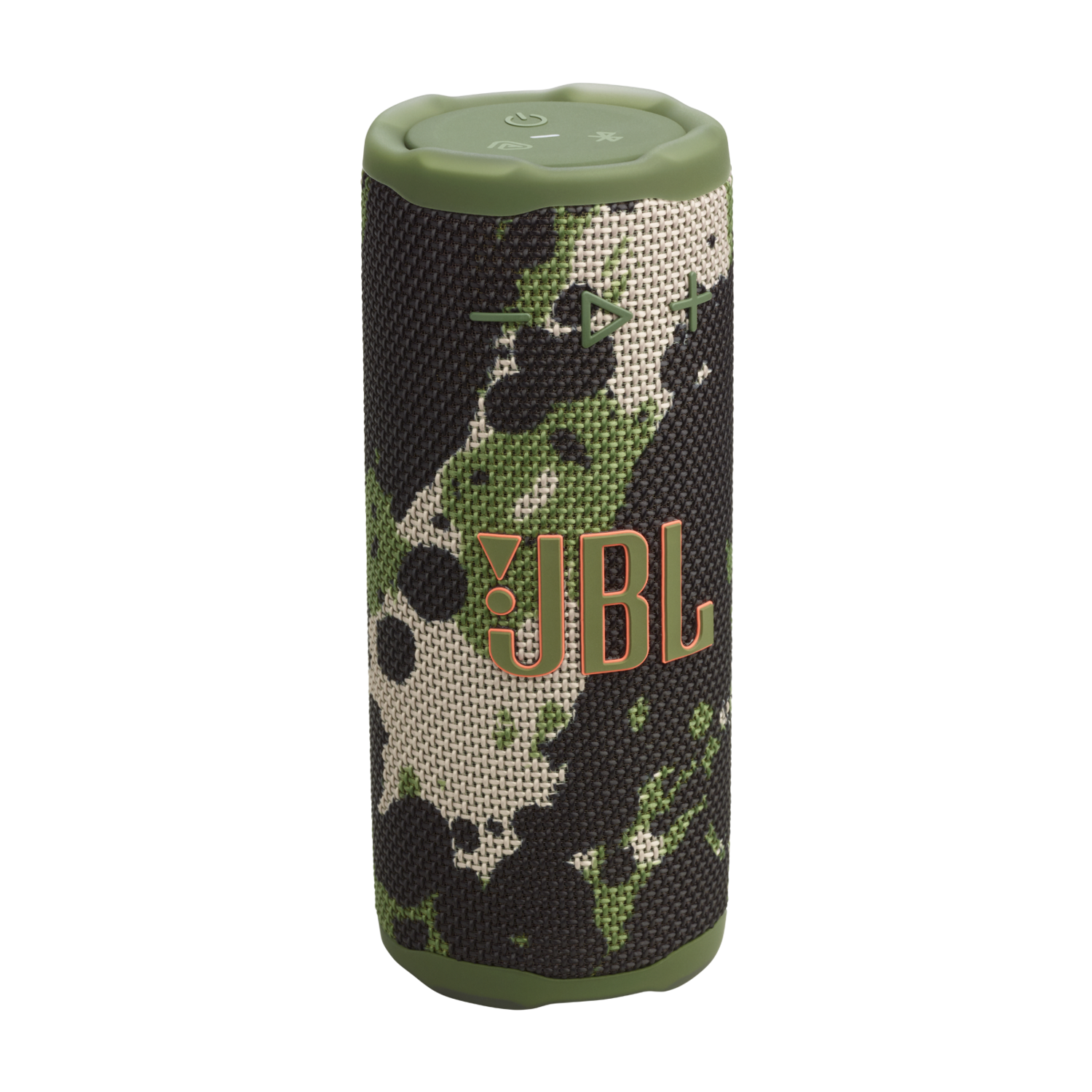 A JBL Flip 6 speaker. It's cylindrical, with a camouflage pattern of green and black. The JBL logo is orange. Buttons are green.