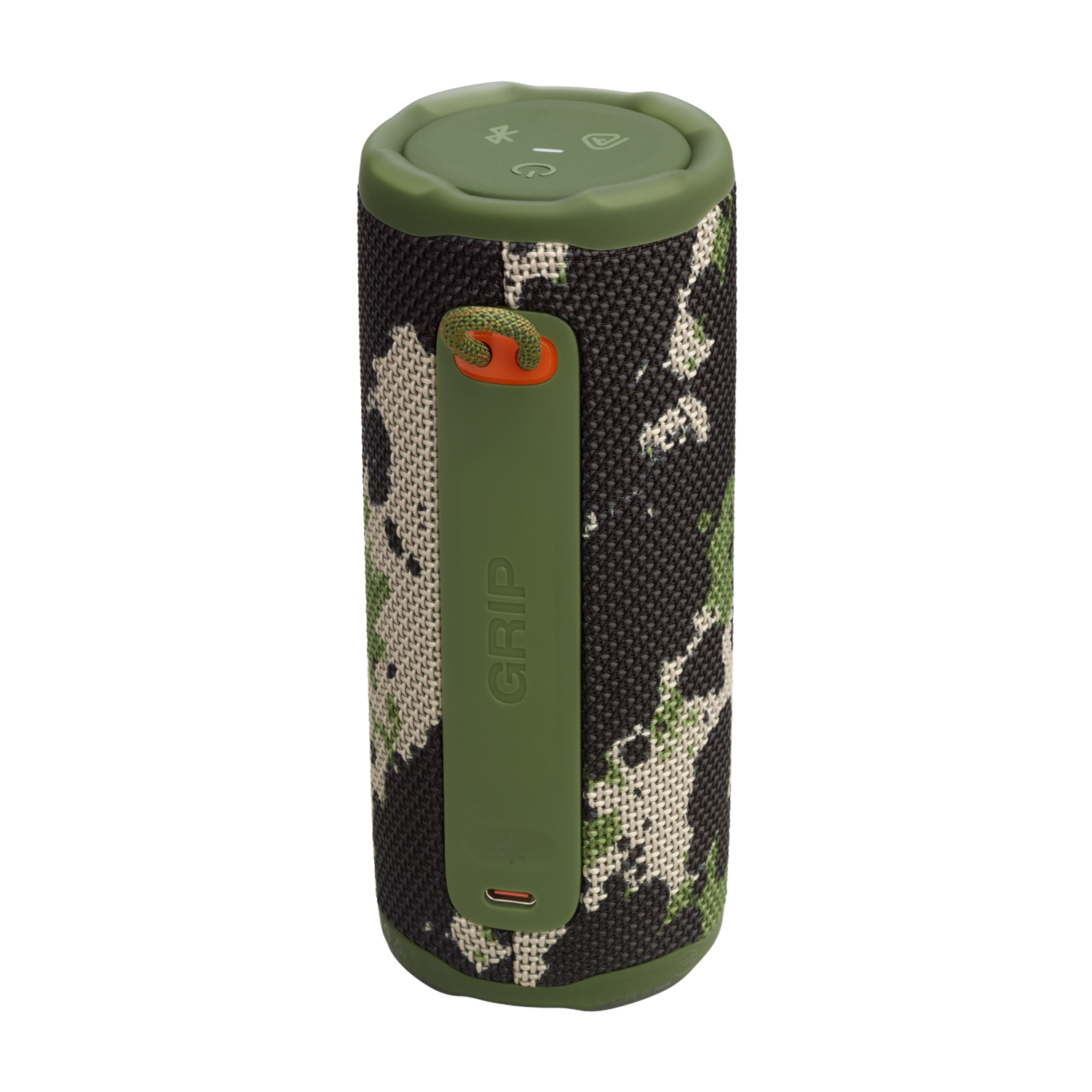 A cylindrical speaker in camouflage pattern. It has a green handle with "GRIP" written on it, and an orange rope. The top is green.